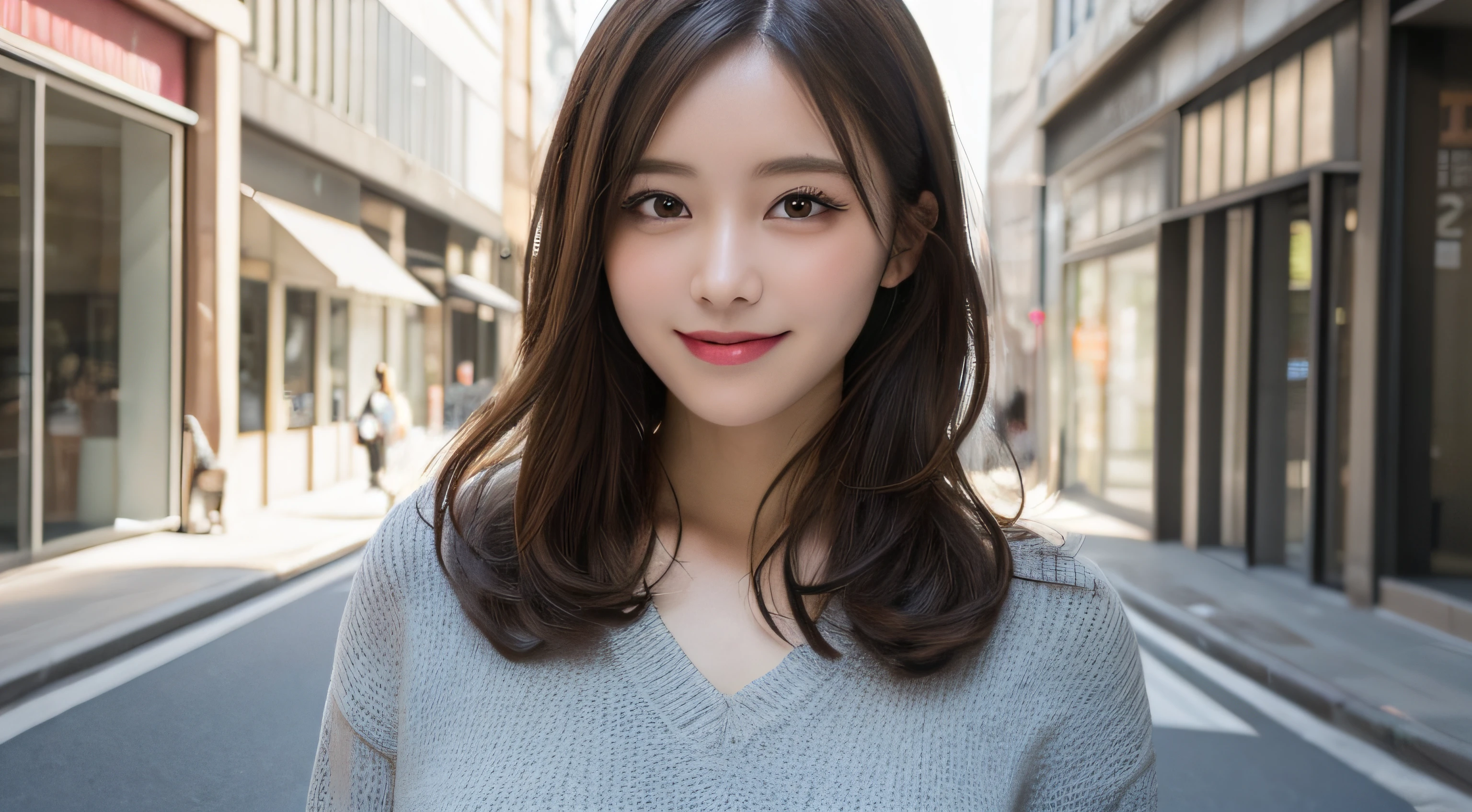 masutepiece, Best Quality, Illustration, Ultra-detailed, finely detail, hight resolution, 8K Wallpaper, Perfect dynamic composition, Beautiful detailed eyes, doress,Medium Hair, mid-chest, Natural Color Lip, Random and sexy poses,Smile,Aoyama Street Walk、20 years girl