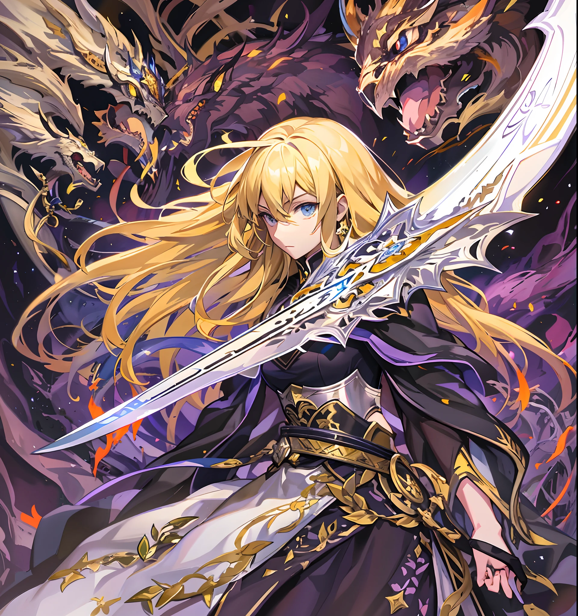 Hay un dibujo de una mujer sosteniendo una espada gigante celestal amarilla, Inspirado por Amano, inspirado por Li Chevalier, Arte Zerochan, sostiene una espada negra, Dark Cloud 2 art style, Ganador del concurso Pixiv, con espada grande, nge dark fantasy, anime in fantasy style, Drakengard, Arte de anime limpio y detallado, Boceto coloreado de alta calidad