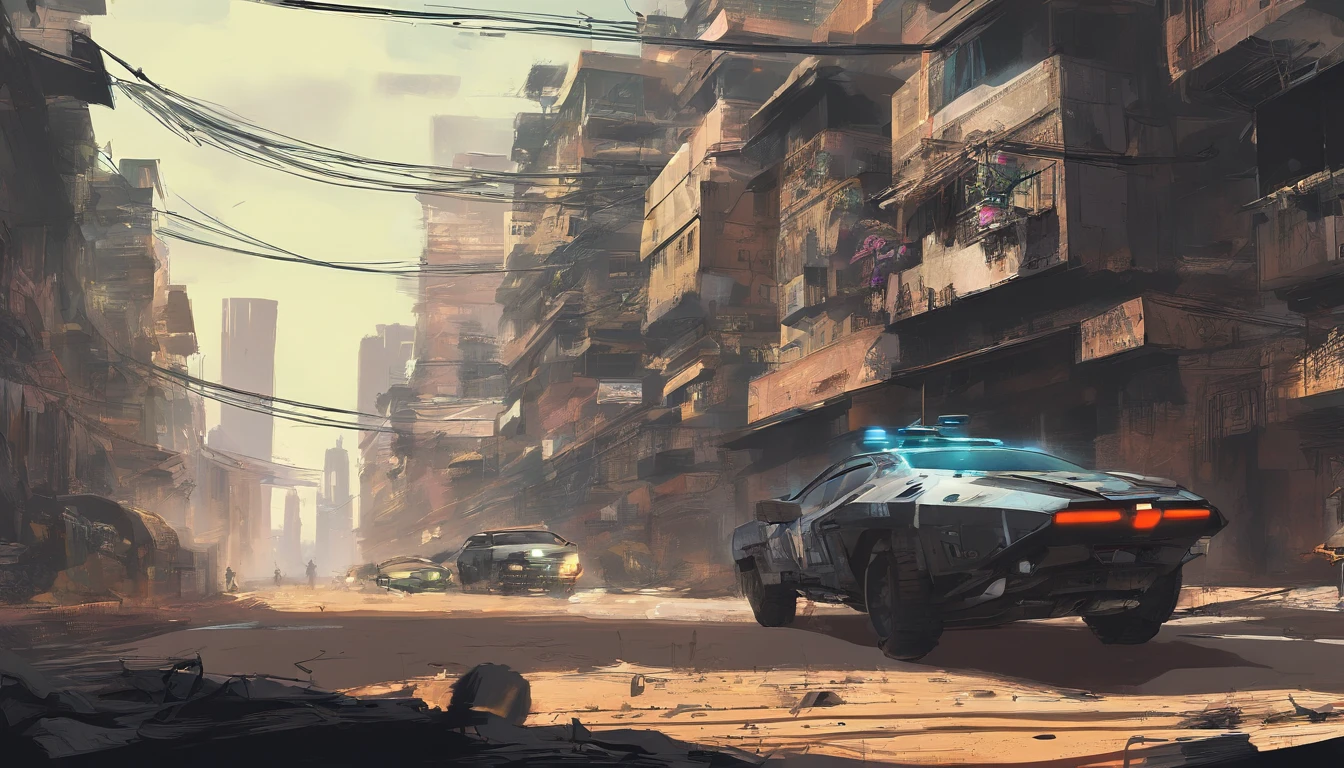 Afrofuturistic cyber city, cyber africa, tear 2153, Brazil favela, flying police car, black people