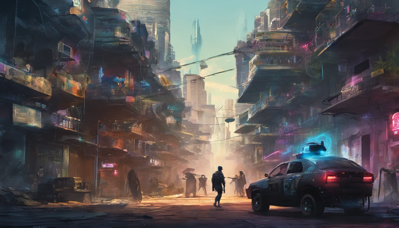 Afrofuturistic cyber city, cyber africa, tear 2153, Brazil favela, flying police car, black people