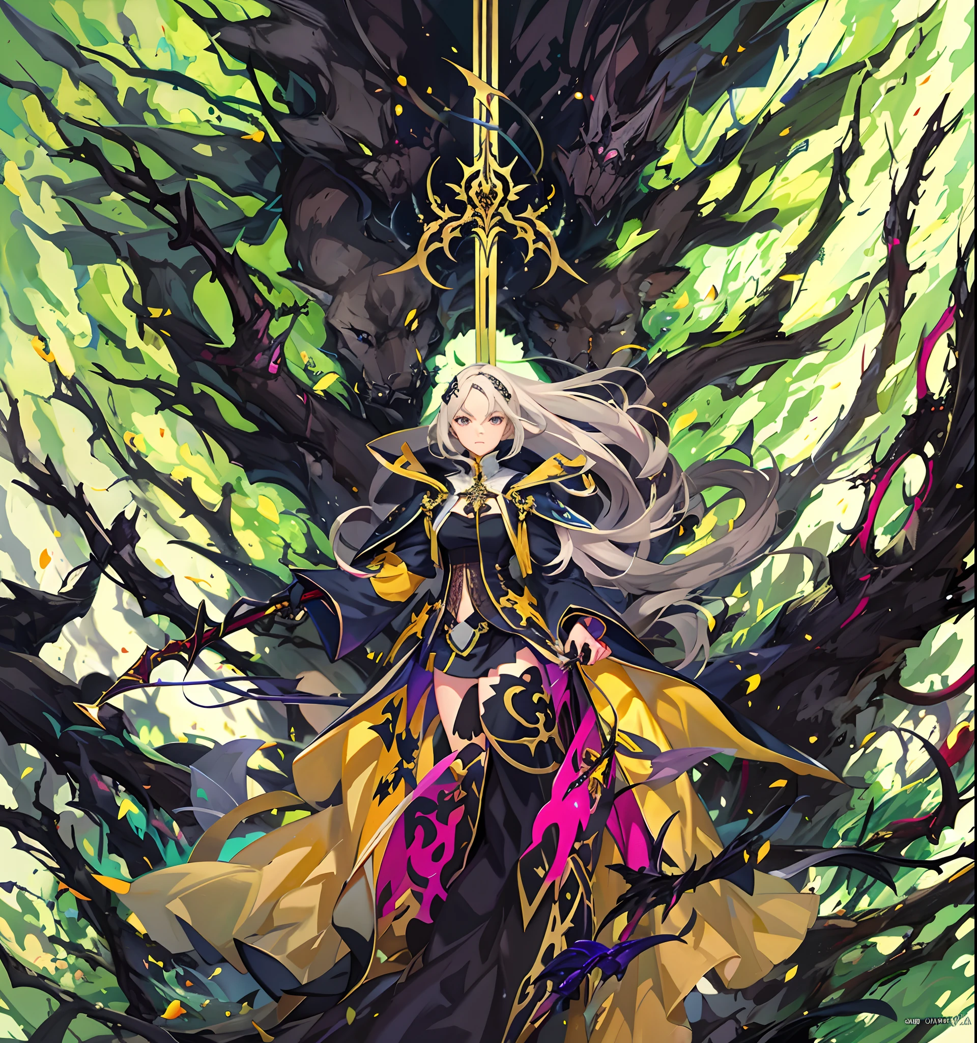 Hay un dibujo de una mujer sosteniendo una espada gigante celestal amarilla, Inspirado por Amano, inspirado por Li Chevalier, Arte Zerochan, sostiene una espada negra, Dark Cloud 2 art style, Ganador del concurso Pixiv, con espada grande, nge dark fantasy, anime in fantasy style, Drakengard, Arte de anime limpio y detallado, Boceto coloreado de alta calidad