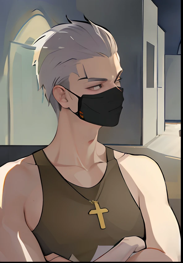 Characters with crosses and masks on their chests, safe to work, Goatee, A mask(You can see the shape of your mouth), Handsome punk who is robbing,obscured face, Oozing sexy, LGBTQ+ , Bandits (Best quality, 4K, High-res, High-density imaging,Raised sexy), Ultra-fine details, (Realistic, photo-realistic:1.37) Digital painting, Vibrant colors, Dynamic lighting, Long-tailed samurai hairstyle(white colors)
