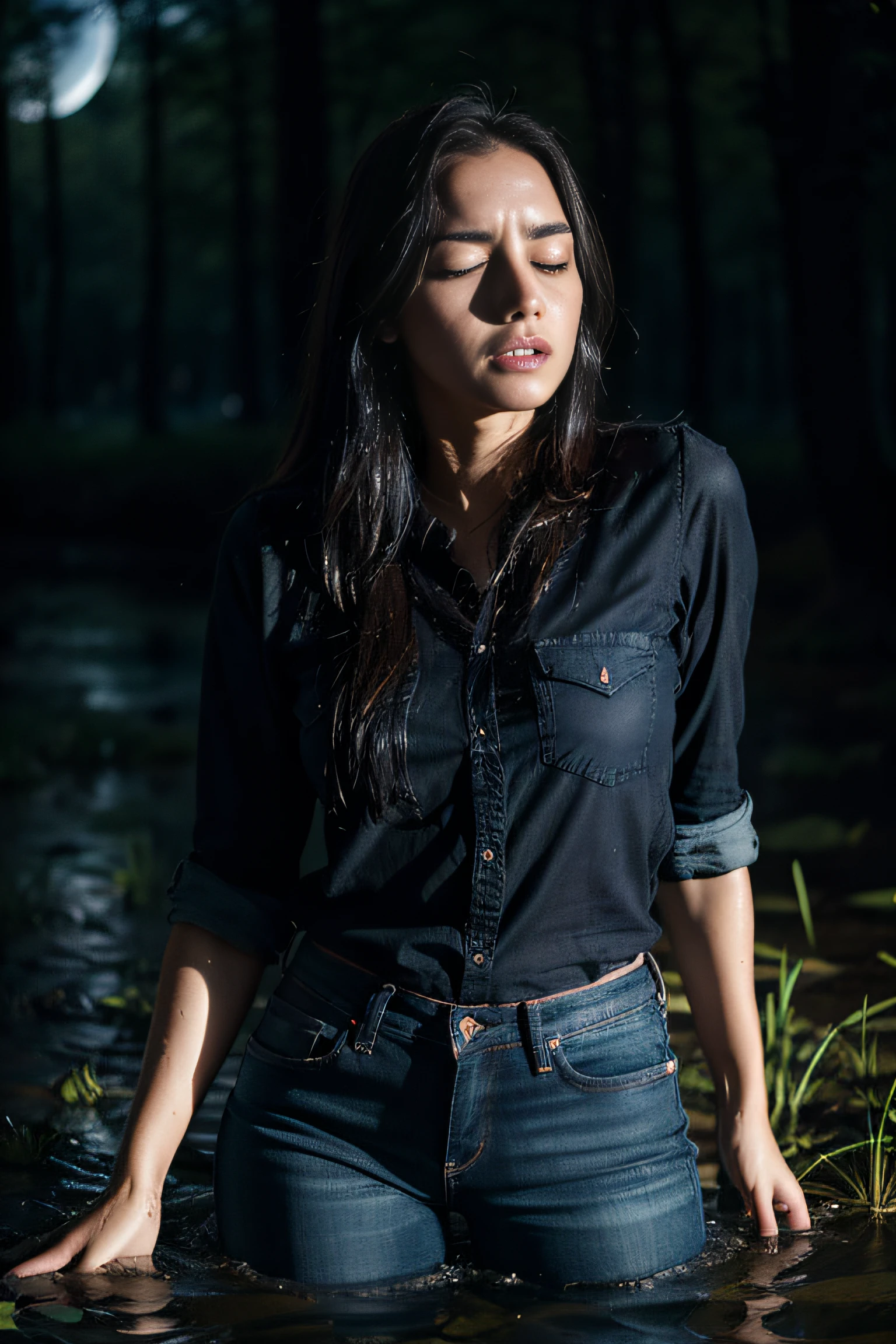 Dynamic frame,  The woman, despair, (drowning in a swamp), standingn , In jeans and blouse. Very sweaty face, strong blush, burning with shame. Black Night Sky, Clouds, luna, woods, gloomy ecstasy, (victim)