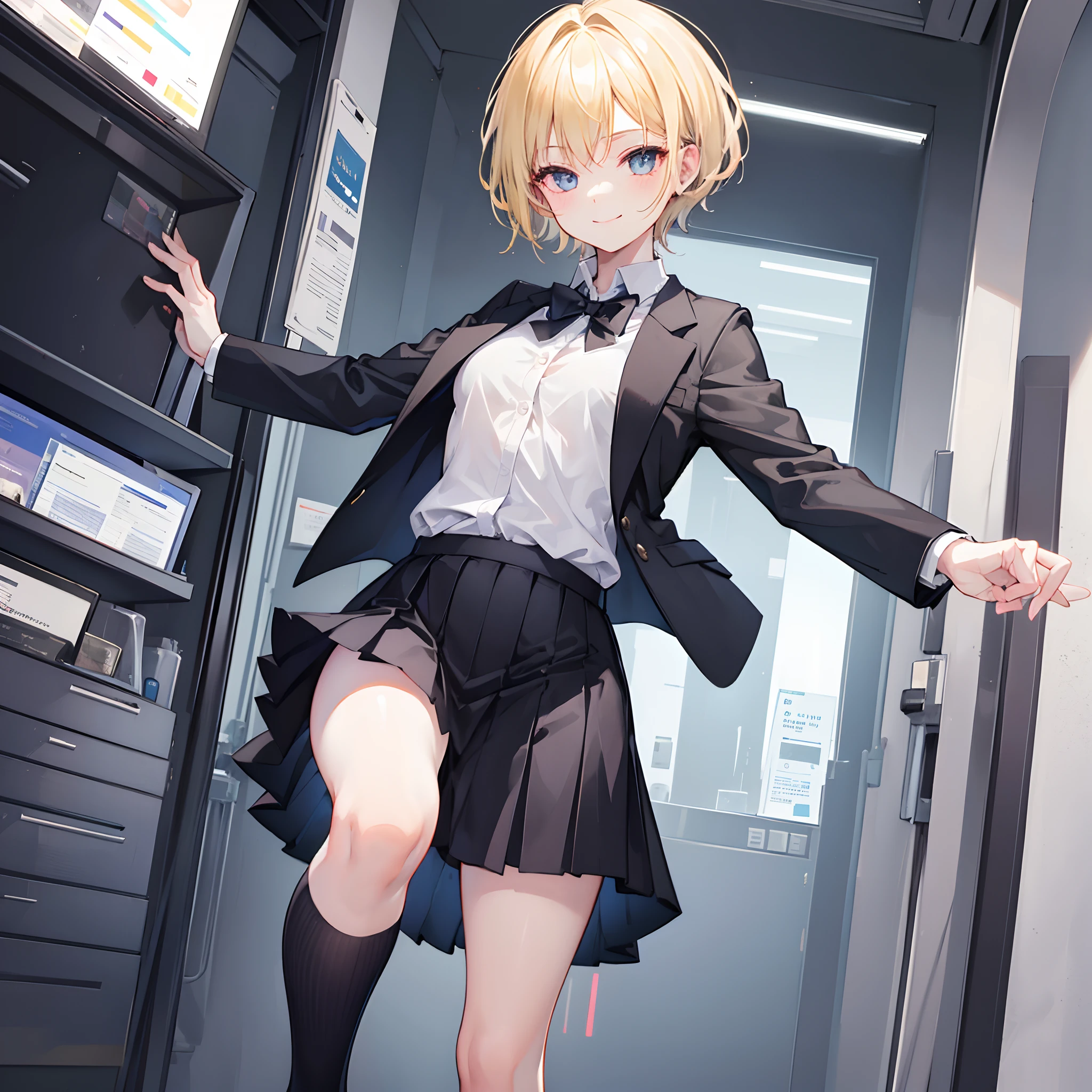 1 girl, smiling, business suit, skirt, (small) short black socks ,chillerism, short blonde hair, rich and noble