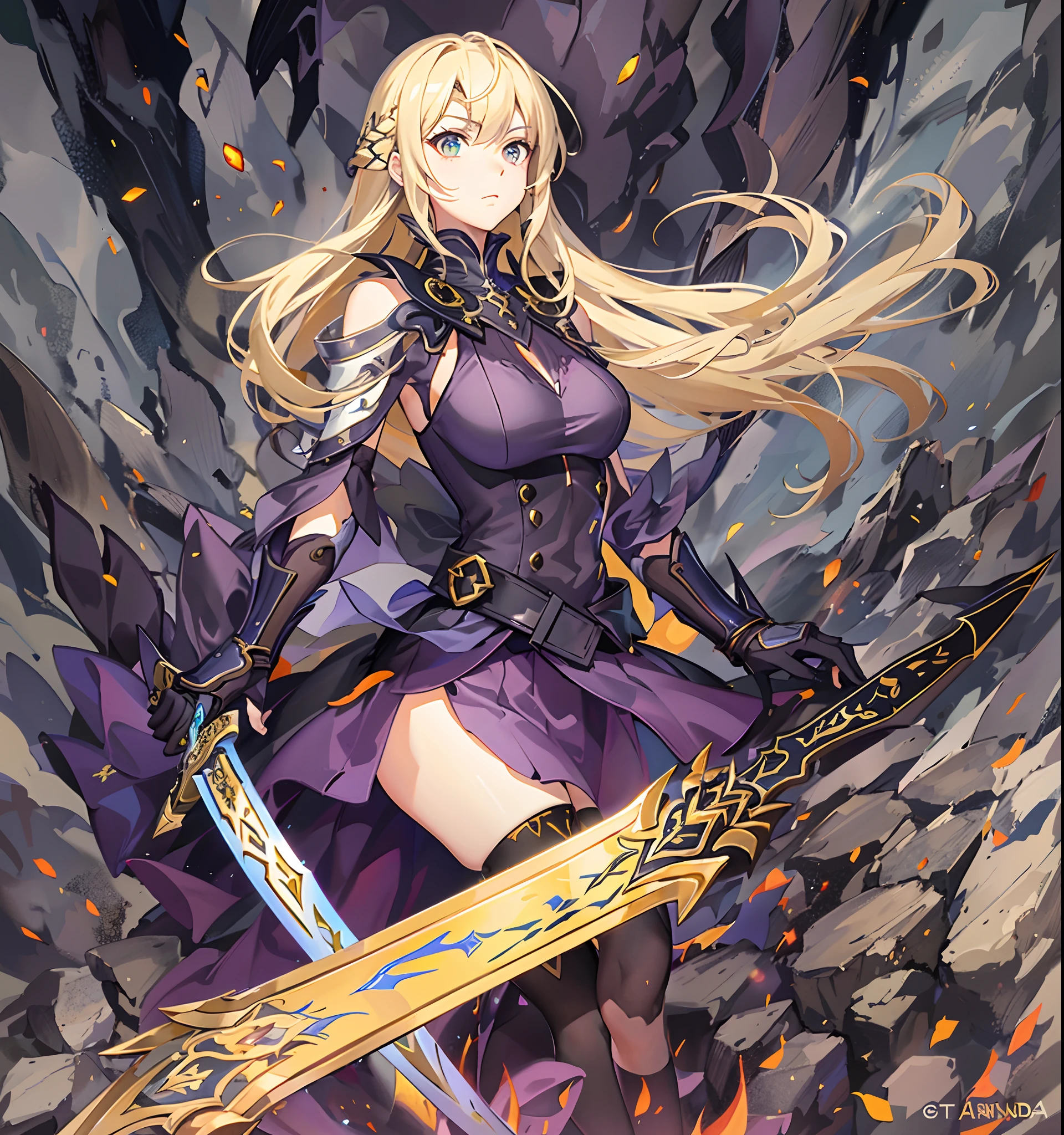 Hay un dibujo de una mujer sosteniendo una espada gigante celestal amarilla,(sentada en una roca), Inspirado por Amano,(triste y reflexiba), inspirado por Li Chevalier, Arte Zerochan,(armadura gotica), sostiene una espada negra,(rubia), Dark Cloud 2 art style, Ganador del concurso Pixiv, con espada grande, nge dark fantasy, anime in fantasy style, Drakengard, Arte de anime limpio y detallado, Boceto coloreado de alta calidad