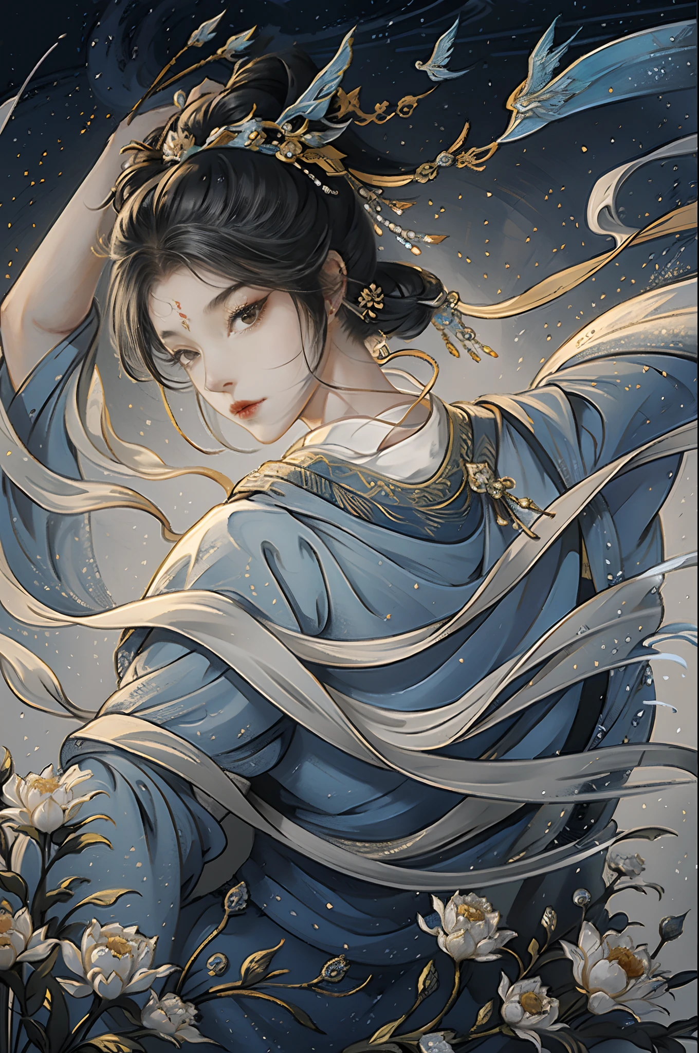 one-girl, Ancient Chinese clothing, rays of sunshine, Clear face, delicated face,clean backdrop,hairbun,hairsticks,Realisticstyle, tmasterpiece, super detailing, Epic composition, hyper HD, high qulity, extremely detaile, offcial art, Uniform 8k wallpaper, super detailing, 32k -- v 6