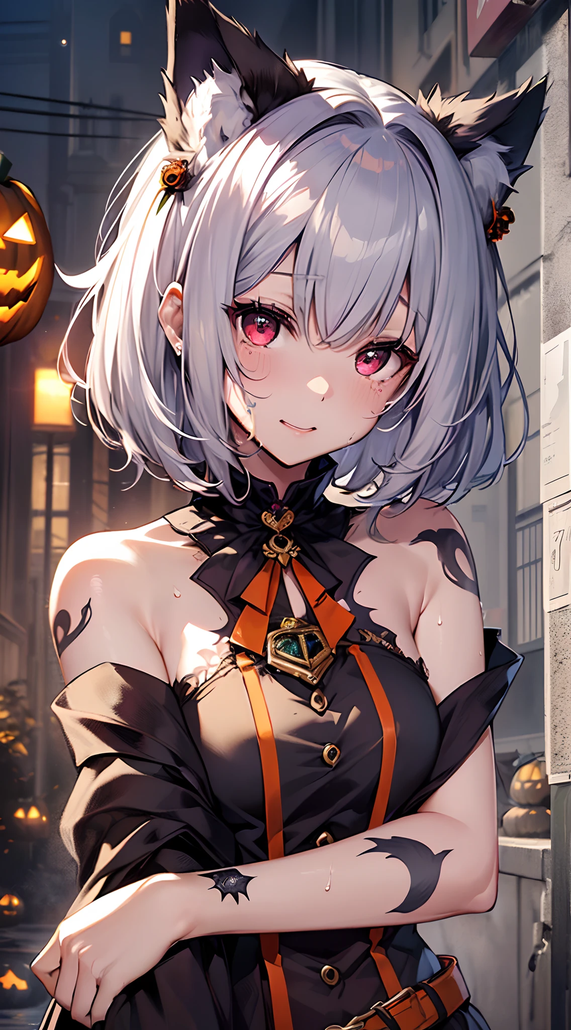 top-quality、Top image quality、in 8K,4K,masterpiece、(NSFW:1.1)、ultra-detailliert、Beautiful、ultra-quality、adult-like、Cool、girl with(((18year old、wedding dress:1.3、Have a jack-o'-lantern、Bust 78、silber hair、a short bob、Red Eyes、erotick:1.4、Happiness、The tattoo)))、hiquality、visualart、Background with((Halloween 1.3))、masutepiece