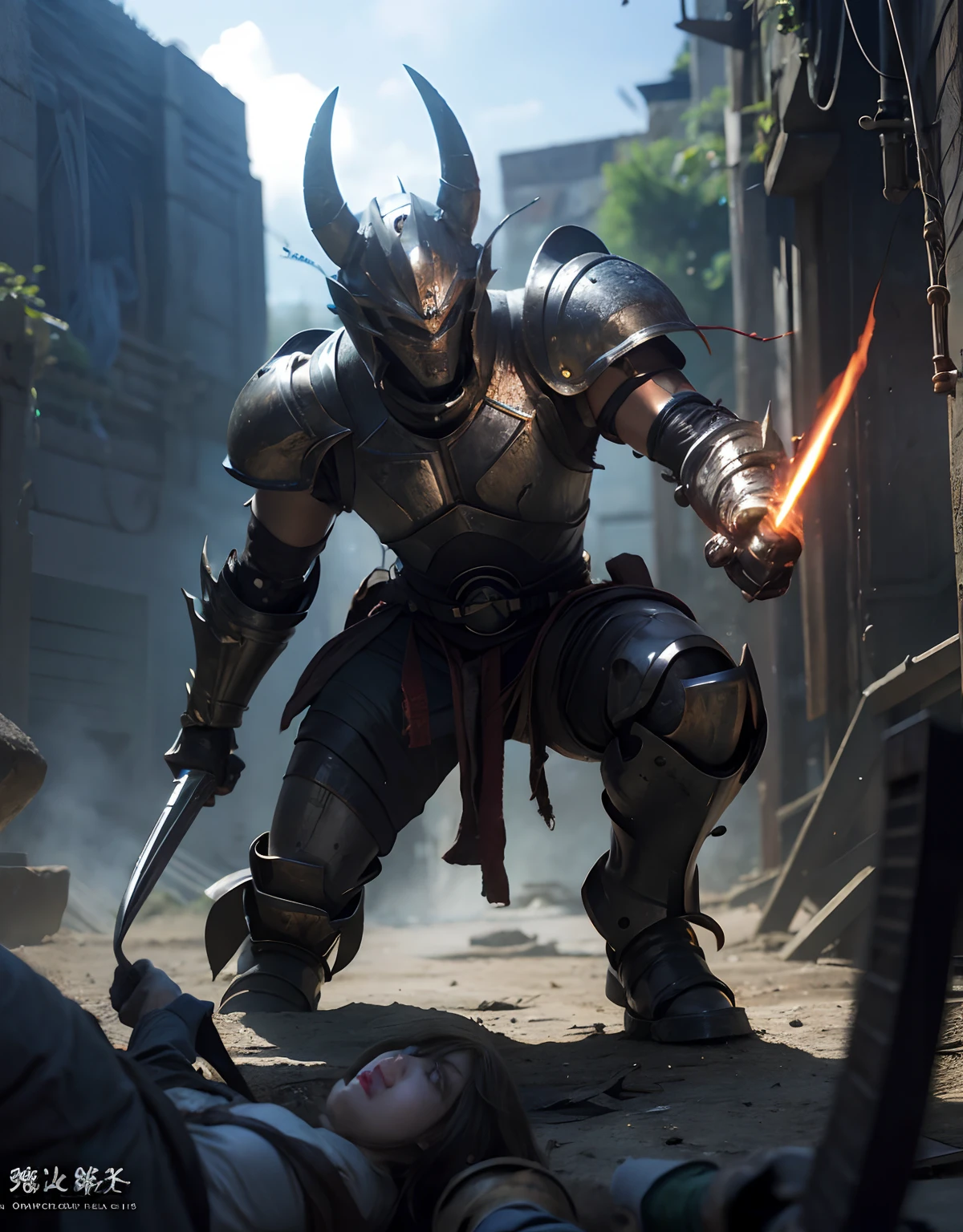 (One Knight Girl)、top-quality、masterpiece、超A high resolution、(Photorealsitic:1.4)、Raw photo、1人、Fight mutants、(Wear the Dark Knight's Armor)、glowy skin、(((Dark Fantasy)))、With a beautiful sword and shield、(Silver Metal Bodysuit)、(Kobold、ogre、Fierce battle with orcs),(Fight fiercely against aliens)、Fight fiercely、(Background of decaying dungeon ruins)、(Ultimate Beauty)、(Knight's helmet)、(Fighting Demonic Beasts)、(Small LED)、((super realistic details))、portlate、(Strong giant demon beast background),globalillumination、Shadow、octan render、8K、ultrasharp、Colossal tits、Raw skin is exposed in cleavage、metals、Details of complex ornaments、Japan details、highly intricate detail、Realistic light、(Mystical expression),CGSoation Trends、Red Eyes、radiant eyes、Facing the camera、mechanical cervical attaching to neck、(Wires and cables connecting to the head)、Gundam、Small LED、,Mechanical thighs、Toostock、(Hands are also made of machines)、(Attack of the Monster Beasts)、(Wounded in a deadly battle)、