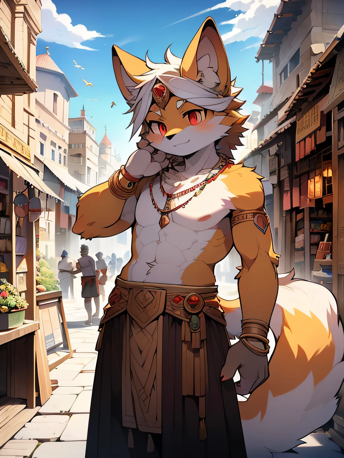 BREAk, master masterpiece, high resolution, 8k, detailed background, high quality, BREAk, BREAk, (yellow fur, black sclera, red eyes, fluffy fur, detailed fur)) shaggy, broken, masculine, boy, humanoid, fig leaf, loincloth (ancient Greek architecture, bazaar, necklace, bracelet), solo