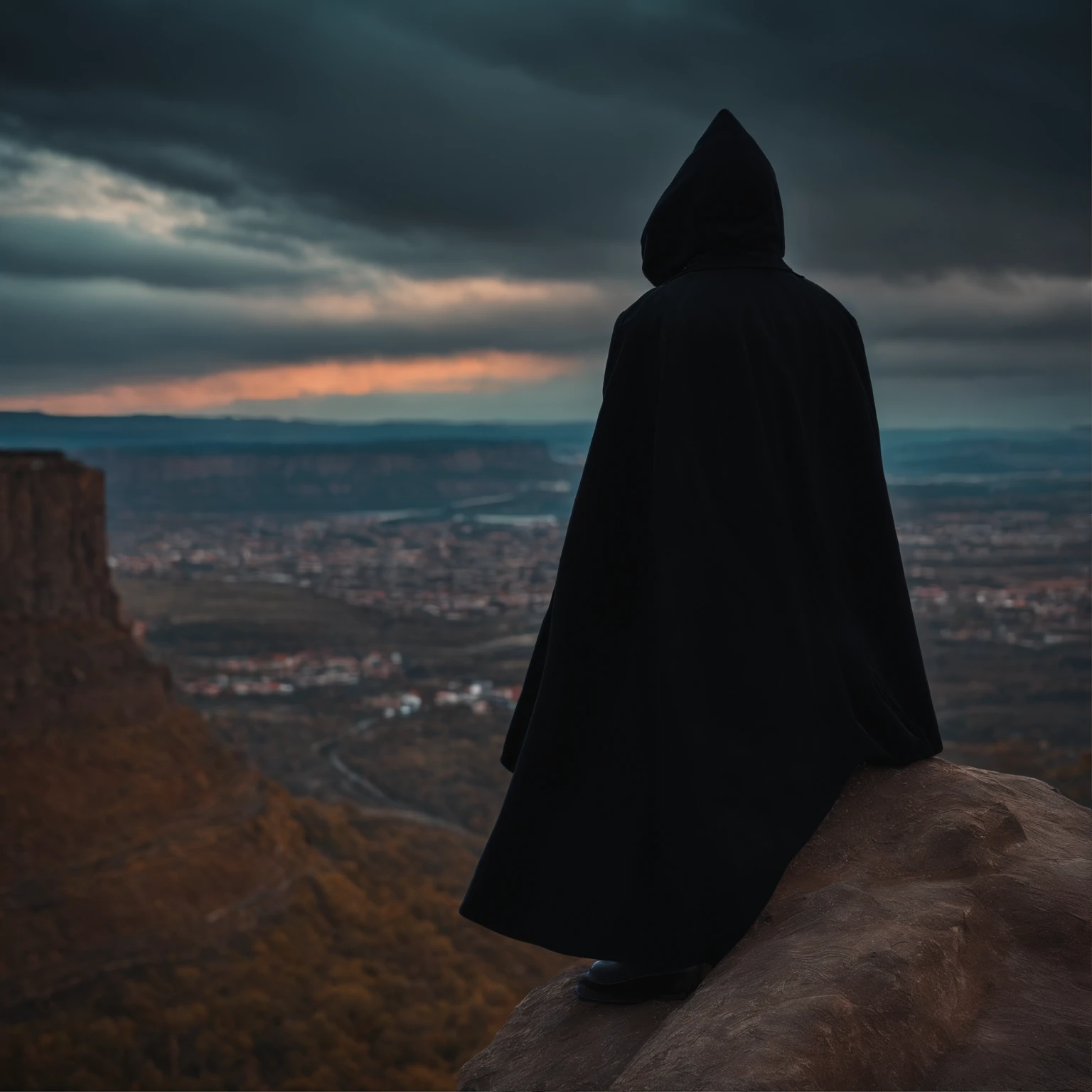 Sitting on a high cliff and looking at the teenager in the distance，Wear a black hood and black trench coat，The time is dusk