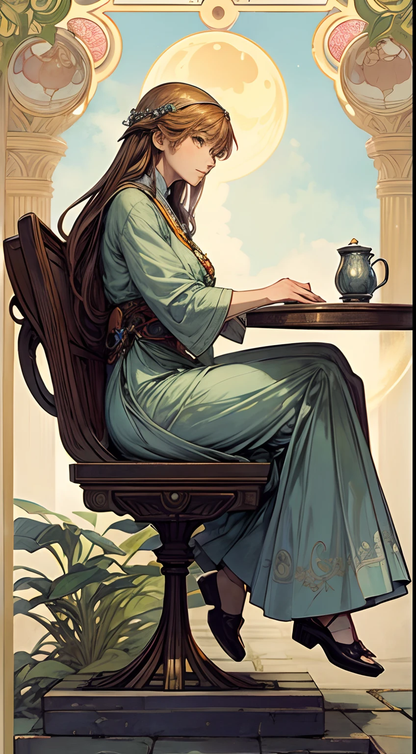 Anton Pieck, Erte, Alphonse Mucha, Japanese Anime, Surreal Mysterious Bizarre Fantastic Sci-Fi Fantasy, Solar System Sinking into a Coffee Cup, Cafe Patio, detailed, high resolution definition quality masterpiece, solo girl, beautiful perfect voluminous body,