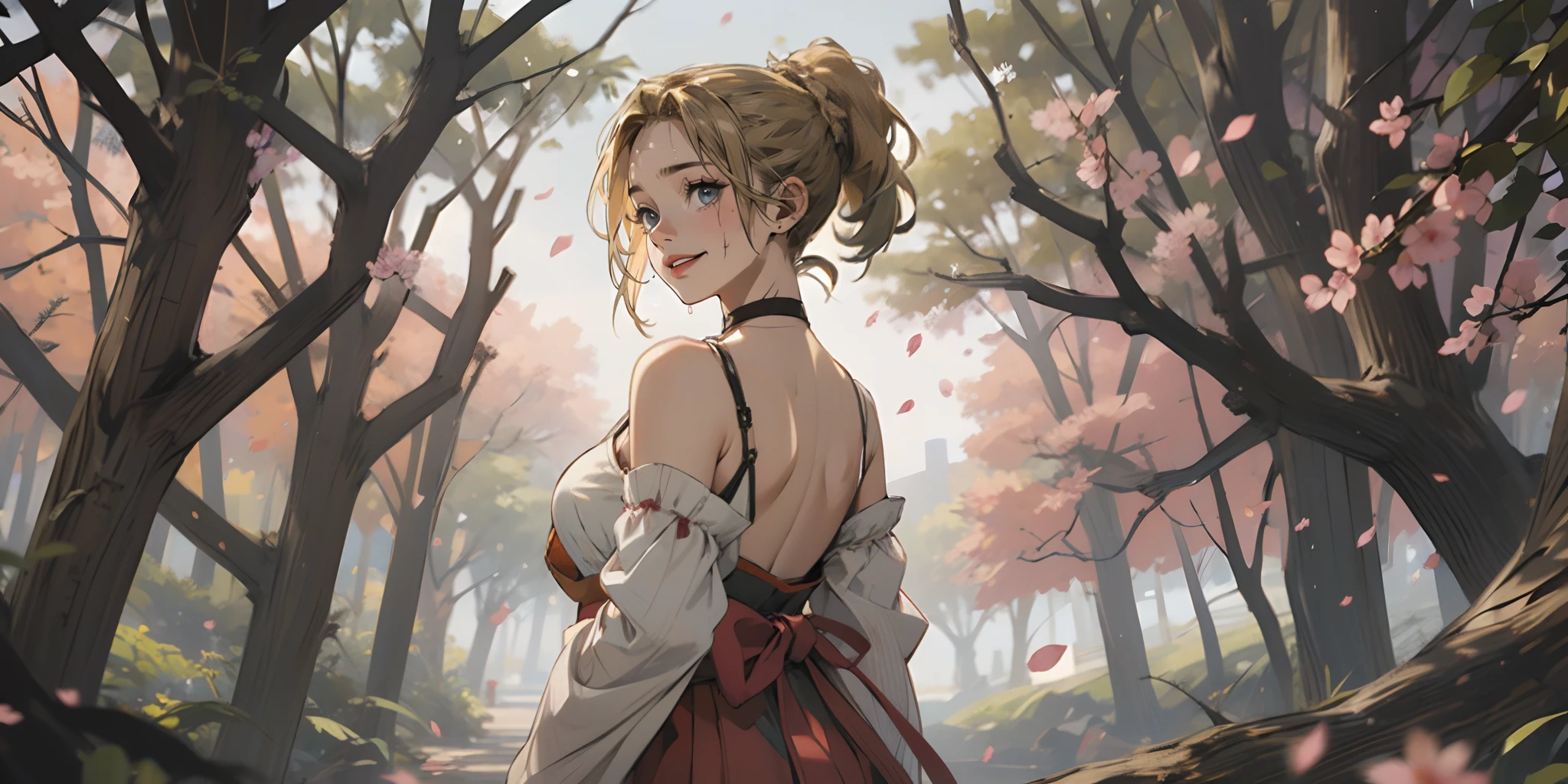 (blonde hair:1.4), blue eyes, low ponytail, (plump:1.2), 1girl, tree, cherry_blossoms, flower, solo, breasts, looking_at_viewer, hair_flower, looking_back, bare_shoulders, detached_sleeves, outdoors, tree_branch, large_breasts, day, petals, gloves, choker, japanese_clothes, wide_sleeves, sky, from_behind, wind, hakama, standing, holding, RAW candid cinema, 16mm, color graded portra 400 film, remarkable color, ultra realistic, textured skin, remarkable detailed pupils, realistic dull skin noise, visible skin detail, skin fuzz, dry skin, shot with cinematic camera