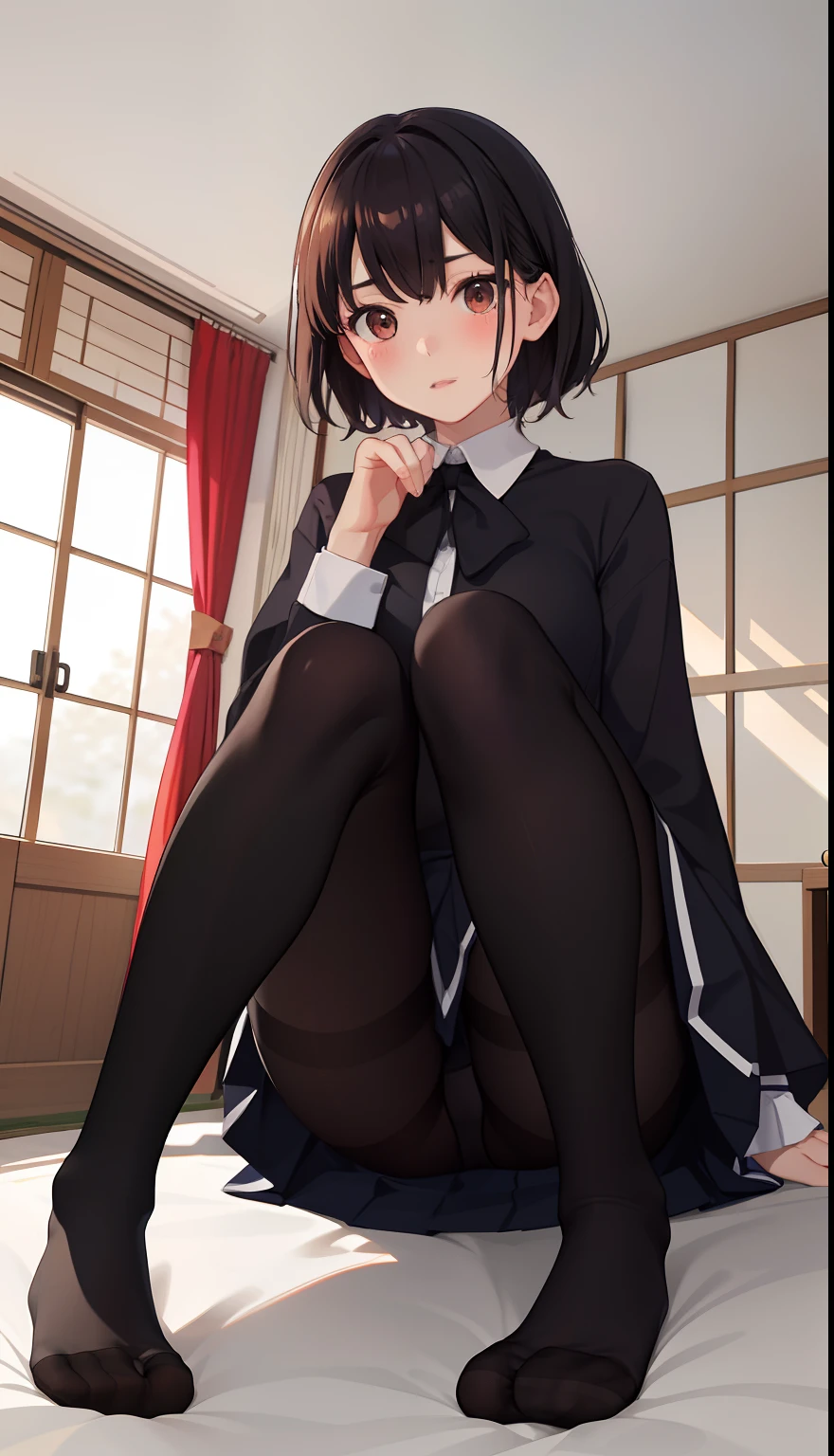1girl in、Front-facing、Composition from below、Sitting on the bed、crouching down、Panchira、Full body portrait、brown haired、Shorthair、Medium haircut、red blush、Absolute Area、Black knee socks、Black knee high、Black stockings、Black pantyhose、Black Lace Pantyhose、White underwear、white panties、White pleated skirt、student clothes、Japan High School Student Uniform、summer clothing、Bedrooms、inside the house、during daytime、(small tits)、((full bodyesbian))、masterpiece、(top-quality)