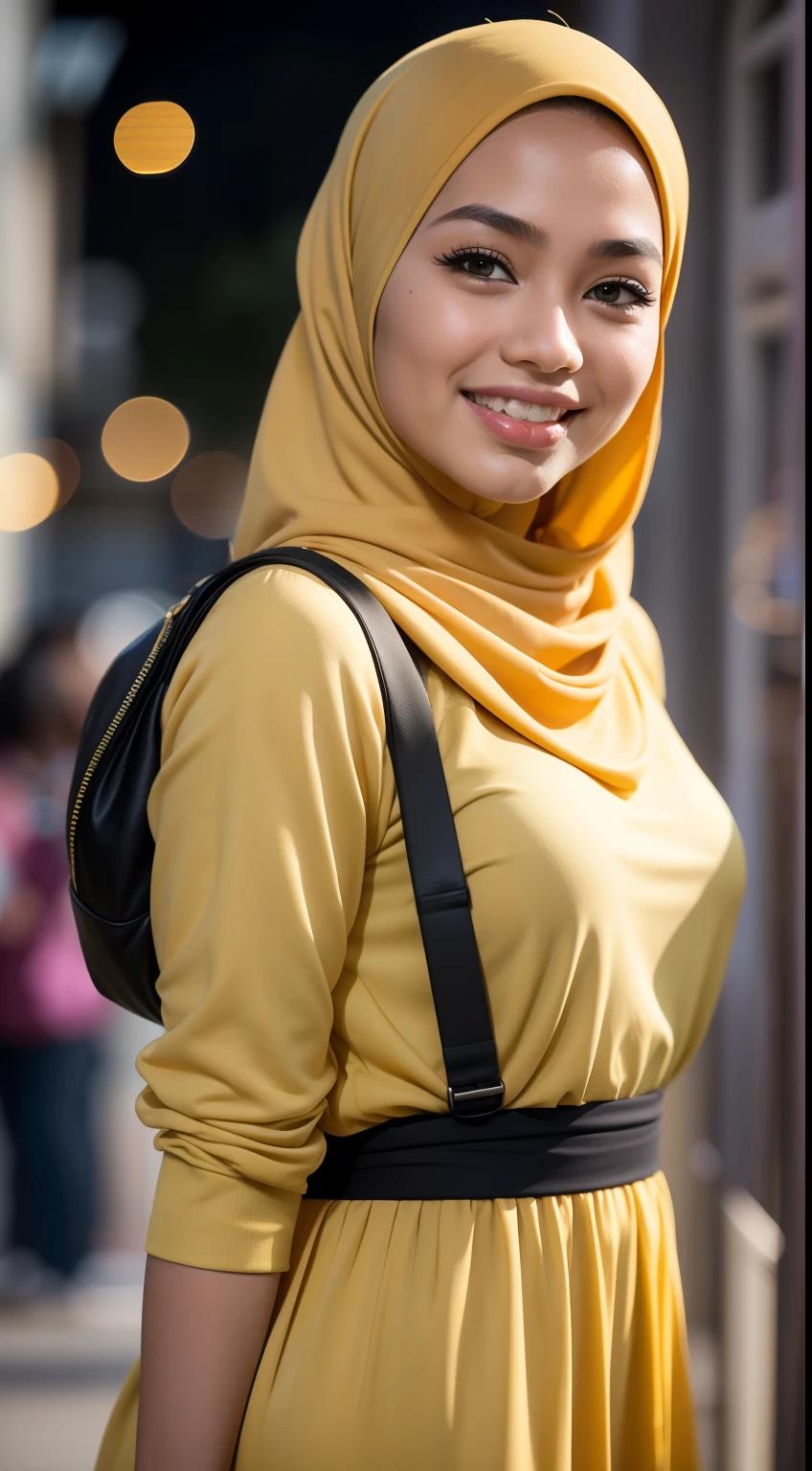Malay girl wear small floral black baju kurung malaysia in college, long golden yellow hair, wear back pack, front view, detail skin, detail skin texture, mole below eyes, small breast, big hip, big waist, big thigh, slim abs, beautiful body, nighttime, laughing, happy, bright lighting, college student in background, crowded college, blur background, bokeh,