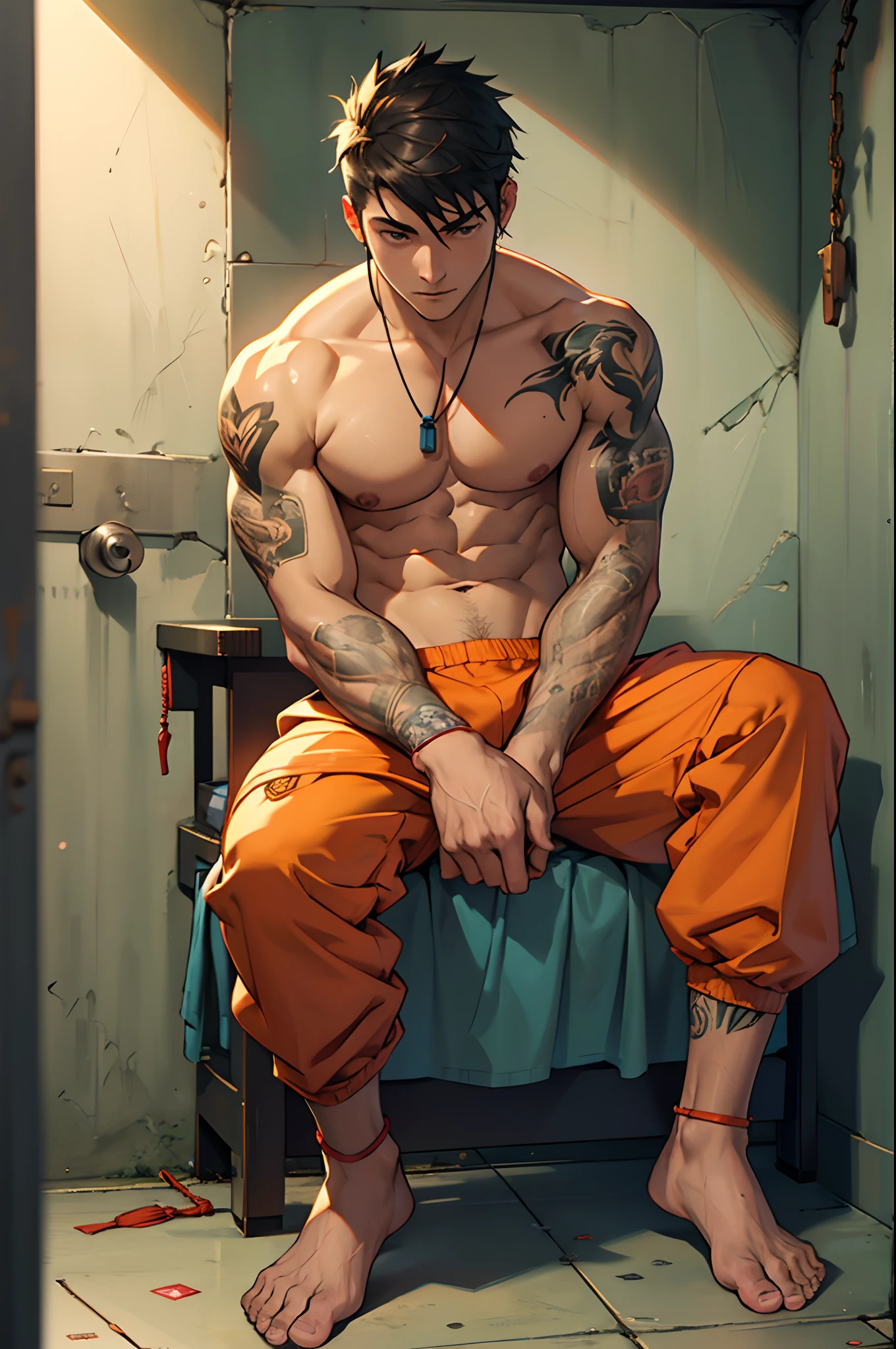 (1 Adult male), A high resolution, Sharp focus, Pixiv masterpiece, ((Complicated details)) ,highly detailed, sitting in a prison cell, barefoot sandals, ((Veiny_Feet1:1)), ((Veiny_Hands1:1)), topless, orange prison pants, precum through prison pants, feet in frame, tattoos on arm, dim room, prison bed in background, masturbation through clothes, Monstrous bulge