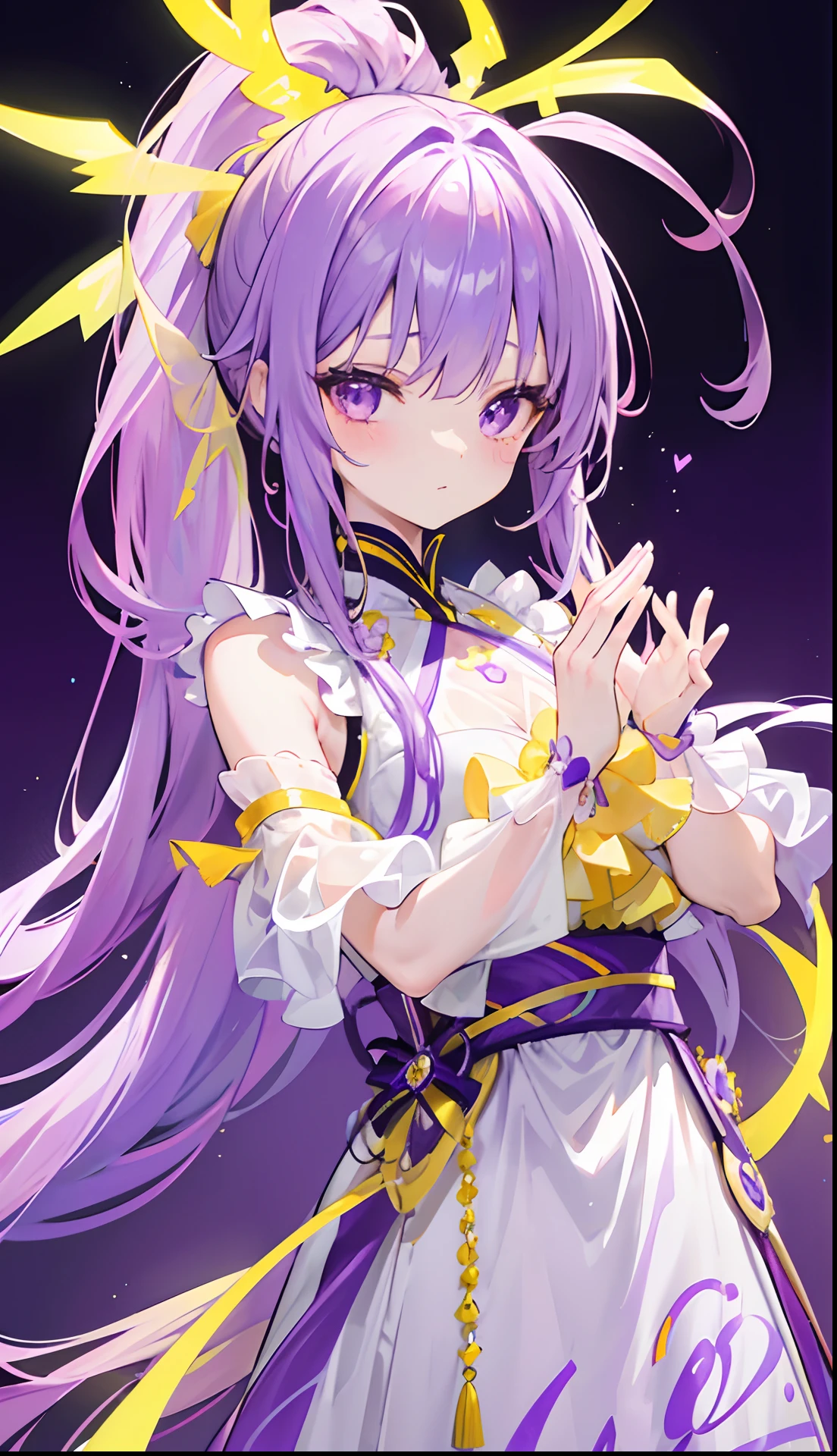 Long purple and yellow bangs that emit fluorescence,Tall ponytail hair with a radiant and vibrant look,A simple glow dress with purple, yellow and white accessories,The face is very sweet and tender, full of luster and glow,A cute and lively beautiful girl with a very attractive charm,The whole looks glow