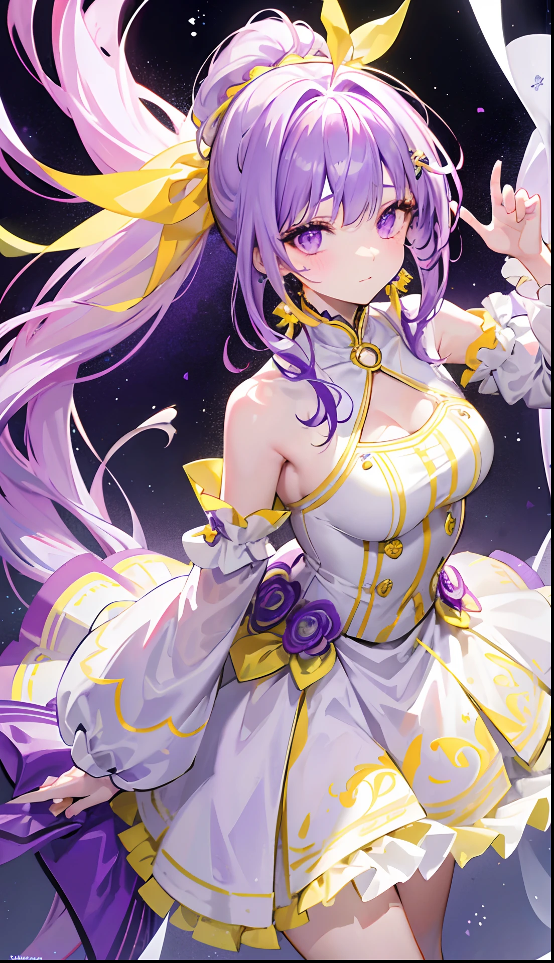 Long purple and yellow bangs that emit fluorescence,Tall ponytail hair with a radiant and vibrant look,A simple glow dress with purple, yellow and white accessories,The face is very sweet and tender, full of luster and glow,A cute and lively beautiful girl with a very attractive charm,The whole looks glow