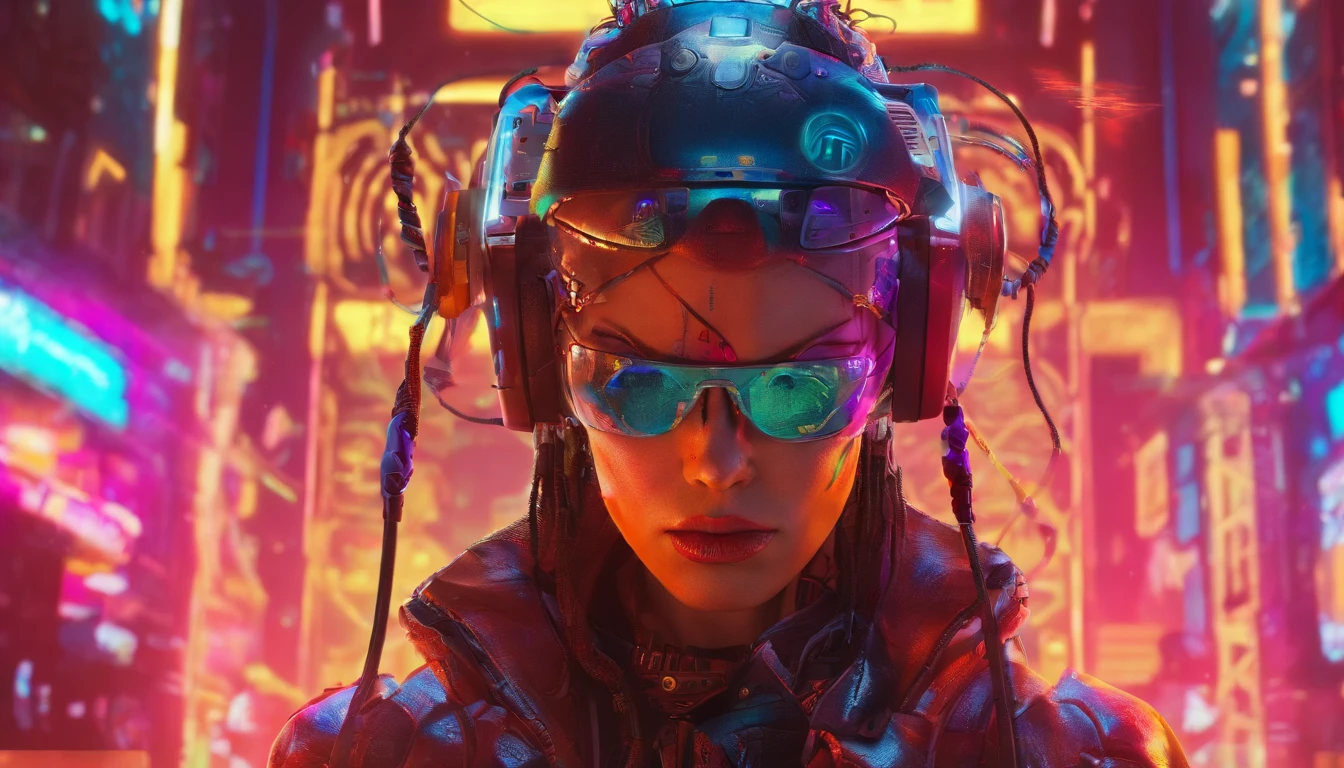 (highly detailed: 1.2), (canon EOS R6 best quality: 1.2), (8k: 1.0), (emb-rrf-low: 1.0), (lots of large black tattoos on cybernetic head open in the middle showing the inside, detailed face, hyper detailed eyes and wearing hi-tech sunglasses with holographic display 1.2), sharp focus (awarded photo: 1.2), (subsurface scatter: 1.2), (subsurface scatter: 1.2). 1.1) (a beautiful ultra-detailed cyborg: 1.2), ( hyper-detailed hair: 1.2), (wonderful body: 1.2), (full body: 1.2), (dynamic stance :1.2), neon glow, (detailed cybernetic eyes:1.1), close-up (hyperrealistic:1.2), rpg, CyberPunk 2077 style, dramatic lighting, (highly detailed futuristic cityscape:1.2), (sci-fi: 1.2). 1.2), professional portrait photography, by wlop greg rutkowski jeffrey simpson alphonse mucha