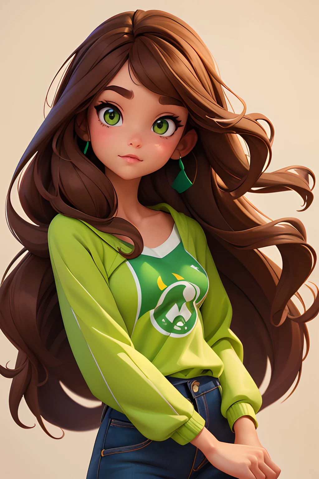 a drawing of a woman with long brown hair and a green top, a digital painting inspired by loish, tumblr, digital art, disney art style, colored sketch, cute art style, loish art style, she has olive brown skin, disney artstyle, cartoon artstyle, cute portrait, 🤤 girl portrait, girl with brown hair