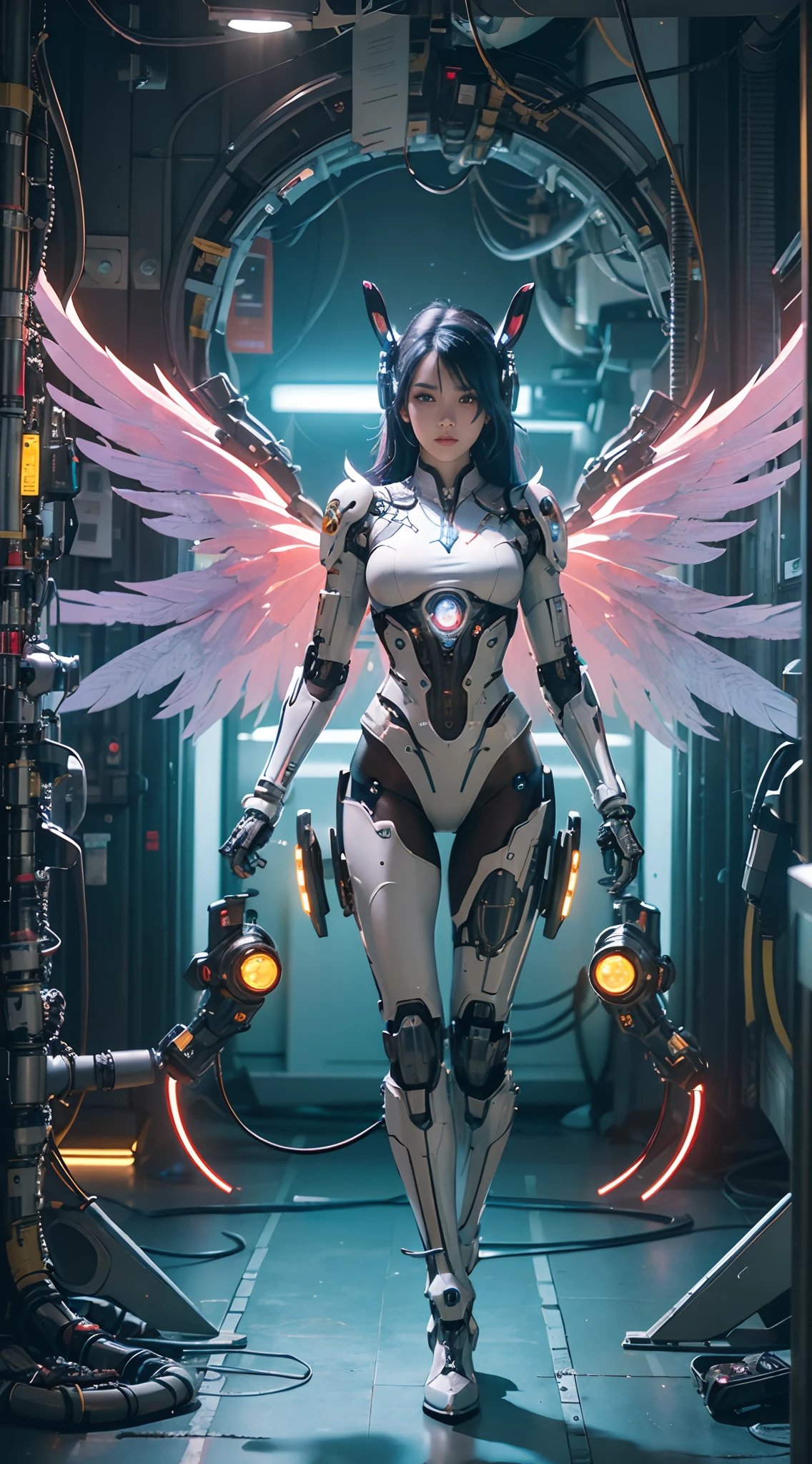 (wide wide shot),(Best quality,Masterpiece:1.2),(Futuristic cyborg woman), (Rabbit ears),bright colored hair,((massive wings)),Her wings are a marvel of technology, A combination of a sturdy metal frame and a delicate translucent film,((Inside the mechanical body)),(Footwear),Metallic。nigth,(Facing the lens,Central symmetry),(standing on your feet),No man's street,Vibrant colors,Light trails and neon lights in the background,Science fiction art style.The lighting is dramatic, Bright areas contrast strongly with deep shadows, creating a sense of depth and dimension. The overall composition is vibrant and captivating, Centered on cyborg girls, Exude power, Grace, There is also a touch of mystery.