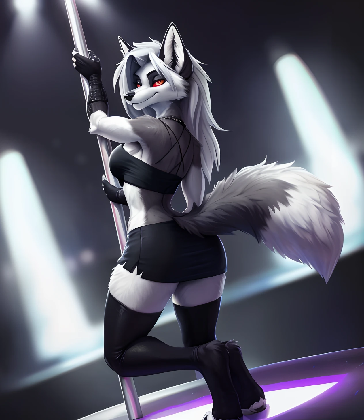 [loona], [Uploaded to e621.net; (Pixelsketcher), (foxovh), (fluffkevlar)], [[Uploaded to twitter.com; (@senip)]], ((masterpiece)), ((solo portrait)), ((back view)), ((feet visible)), ((furry; anthro fox)), ((detailed fur)), ((intricate details)), ((detailed shading)), ((beautiful render art)), {anthro; white fur, black nose, long grey hair, (beautiful white eyes with red pupils), (smug smirk), (seductive gaze), (head tilt), (curvy hips), (small boobs), (defined muscles), (beautiful legs), (beautiful feet), (black claws)}, {(grey tube top), (cleavage), (pentagram on chest), (spandex torn black pencil skirt), (fingerless gloves), (midriff), (black thigh highs), (black toeless socks)}, {(standing), (pole dancing:1.1),  (looking at viewer)}, [background; (club), (stage), (neon lights), (dark lighting)]