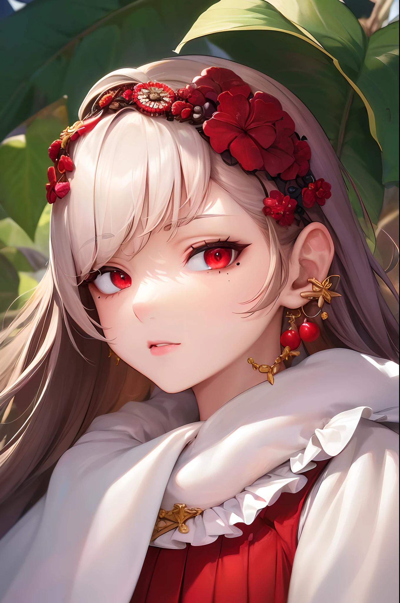 Best quality,Highly detailed,Masterpiece,Ultra-detailed,Solo,(Delicate eyes),(White background:1.3),Red eyes,standing,beltskirt,[Trench coat:20],jewelry, dark mole_under below_eye, Looking_at_peeping at the viewer, frilld_shairband,Earrings