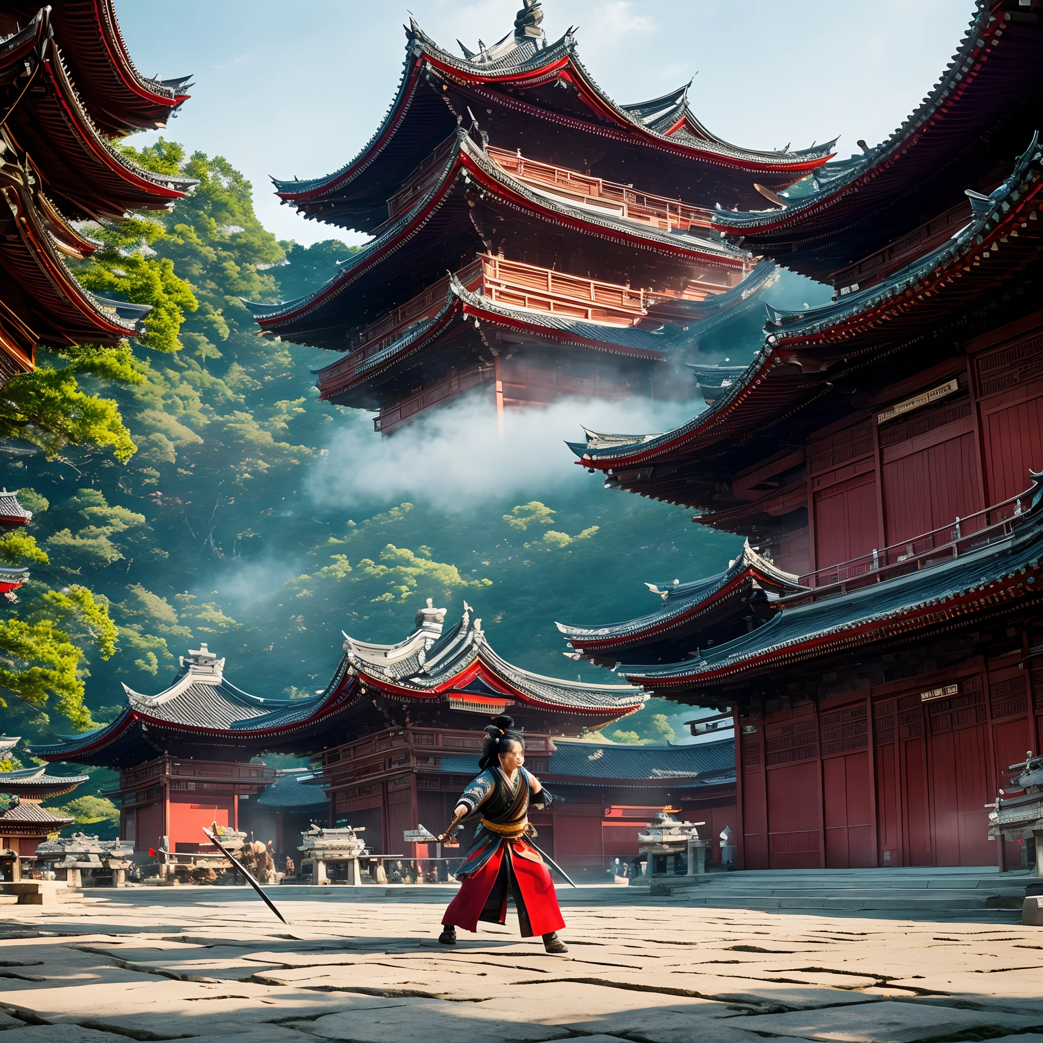 an ultra realistic wide angle epic full body battle shot of Mulan, intricate details, wearing a highly ultra realistic intricate detailed stunning red Samurai costume, ultra detailed sword, smooth edges and curves, surrounded by warriors, war battleground, dark, gothic, Old Japanese architecture palace buildings, photorealistic, cinematic, centered, wet ground, symmetrical volumetric lighting, ambient occlusion, unreal engine, photographed by Akira Kurosawa, inspired by Ran movie, bokeh, particuls, ultra detail