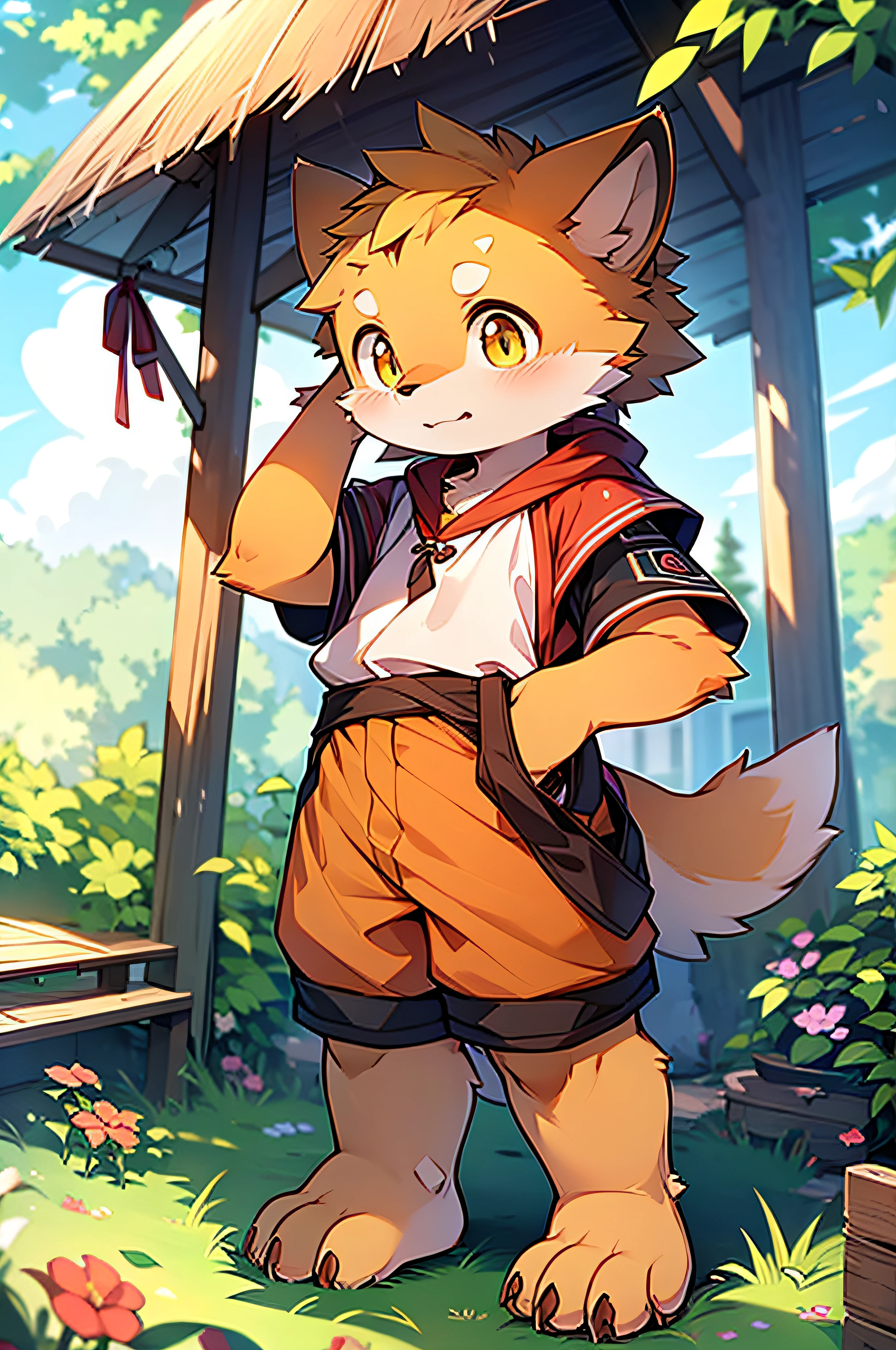 shaggy，shaggy，Bright yellow fur，Bright yellow fur，Bright yellow fur，Bright yellow fur，Bright yellow hair，male people，canid，adolable，The little fox，The little fox，The little fox，adolable，solo person，sharp talons，Detailed fur，Golden eyes，Thick eyebrows，Fluffy tail，red short sleeves，short white pants，ultra - detailed：1.0，Libido boy，toddlers，children，children's，Gamine，Beast too，adolable，adolable，Shota（Via Dagasi：1.1），anatomy correct，Barefoot，Red Claw，Bare claws，Barefoot paws，Barefoot paws，standing on your feet，attention，bald-headed，Animal foot paws，lawns，grassy fields，On the lawn，on a grassy field，Tread on the grass，Trampling on small grass，Tread on the grass，Trampling the meadow，Tread on the lawn，Trampling the lawn，bald-headed，balding，balding