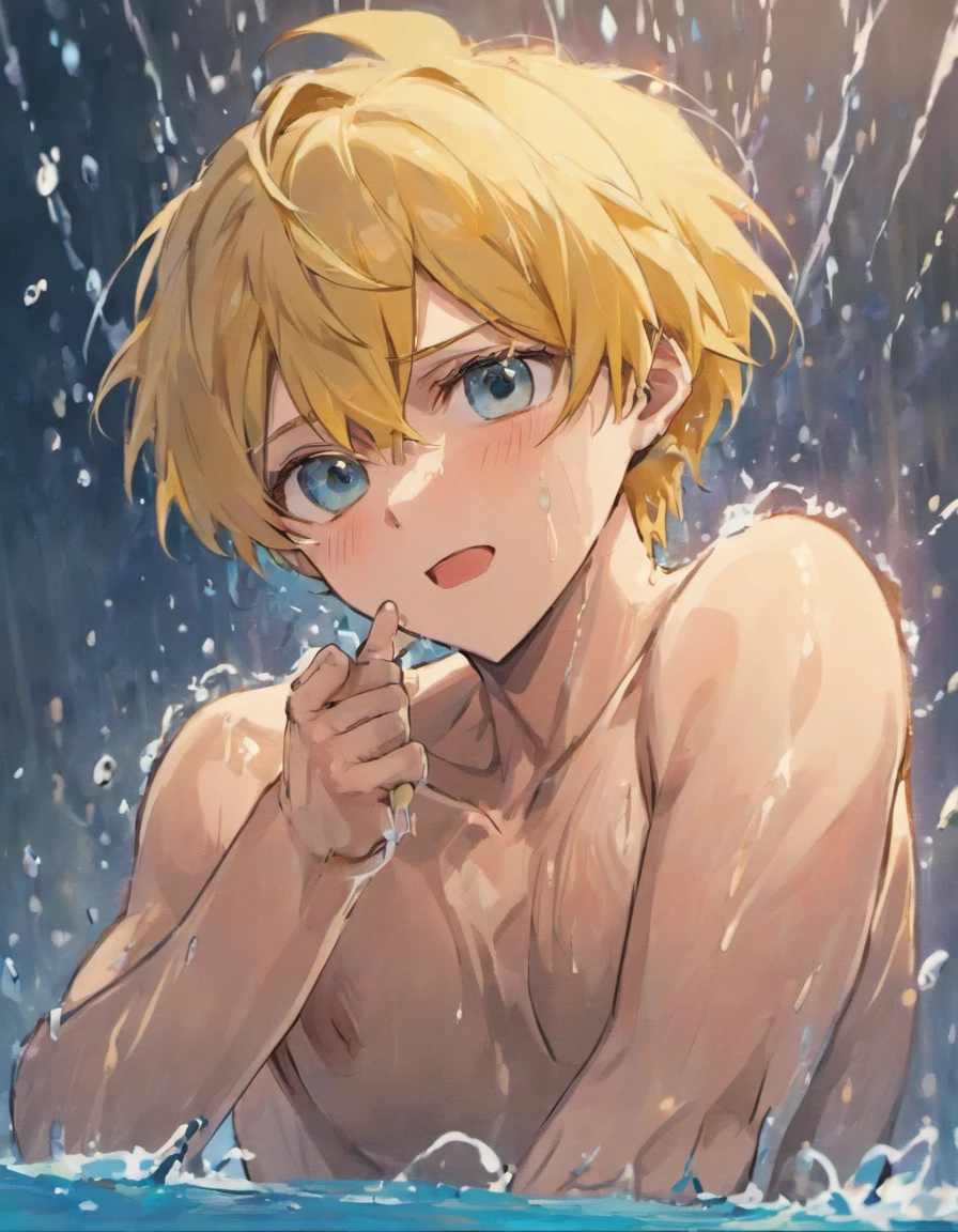 Pixiv masterpiece, blonde, male, embarrassed, wet, muscular, blushing,