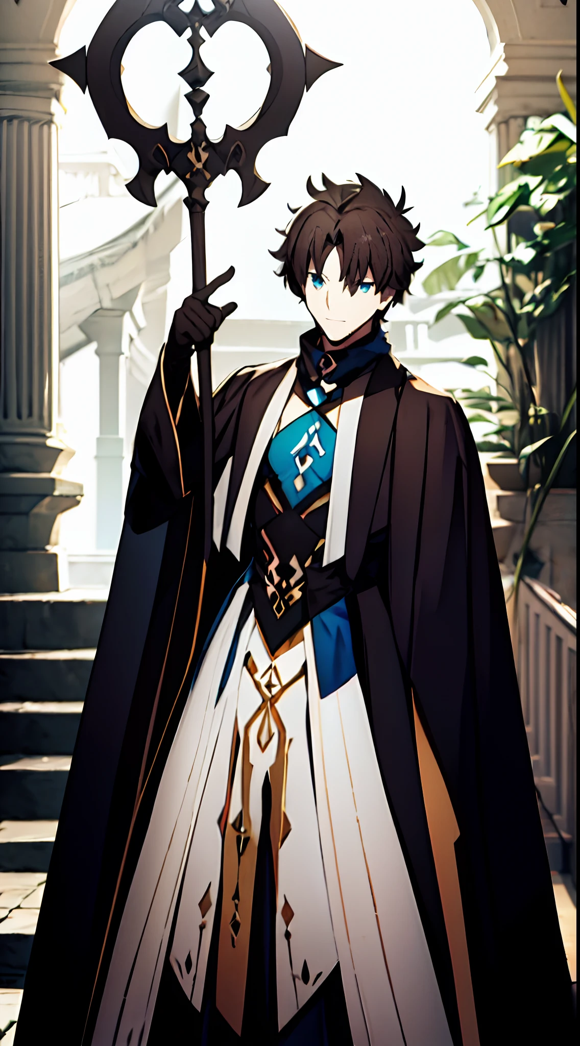 1male, good anatomy, rostro detallado, gudao, fusionado con la class card de Morgana le fae, con un cetro oscuro, con pose imponente, con lanzas de luz a su alrededor.