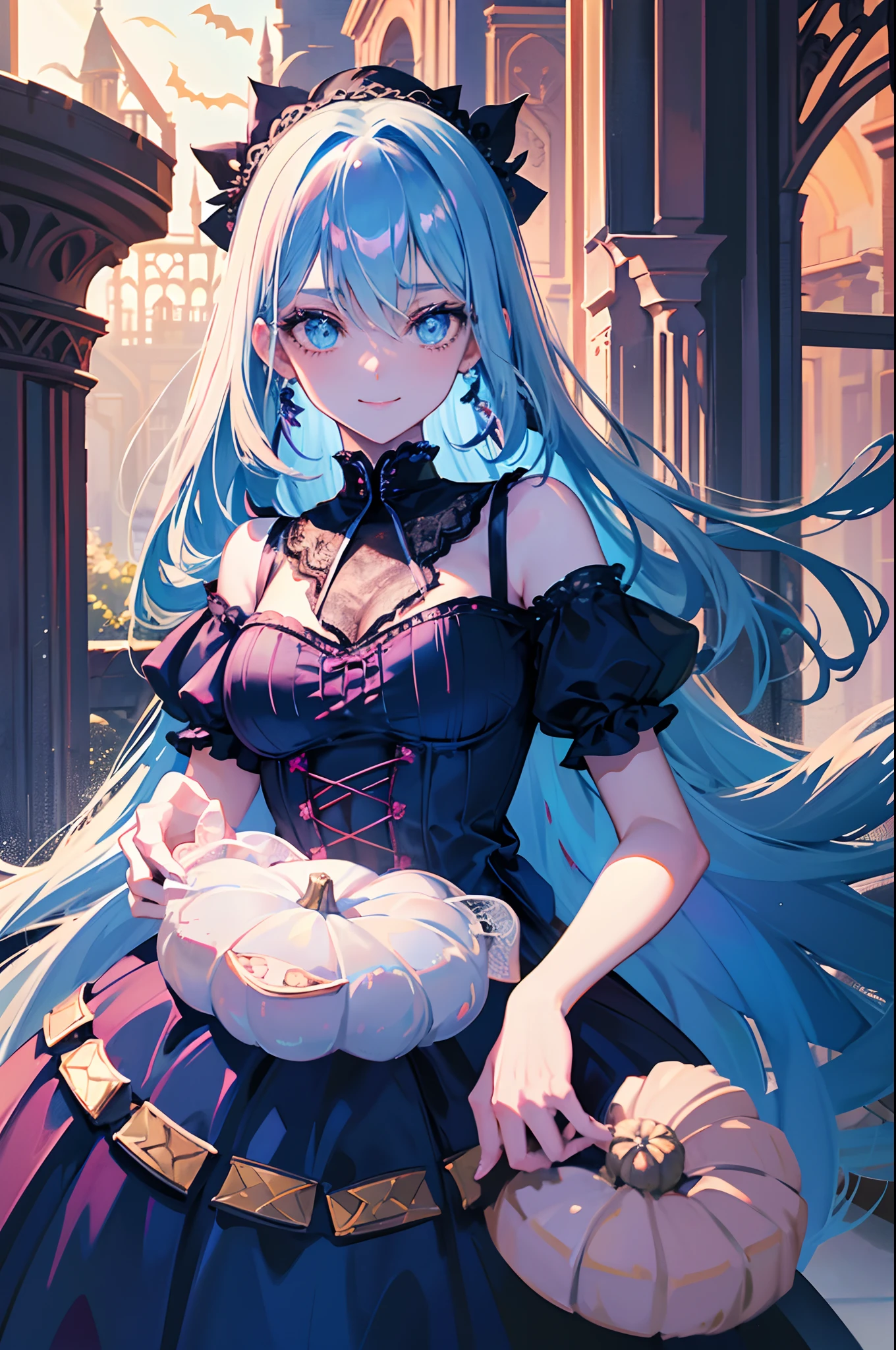 s girl long blue hair blue eyess Pink lace dress Halloween Eat pumpkin cake at the castle Pop atmosphere A smile masterpiece Top image quality Clear cinematic shadow Increased attractiveness of the eyes Clear the shine of the eyes Draw eyelashes neatly Perfect Eye A detailed eye Sharpen image quality Sharpen eye writing Clear eye shape