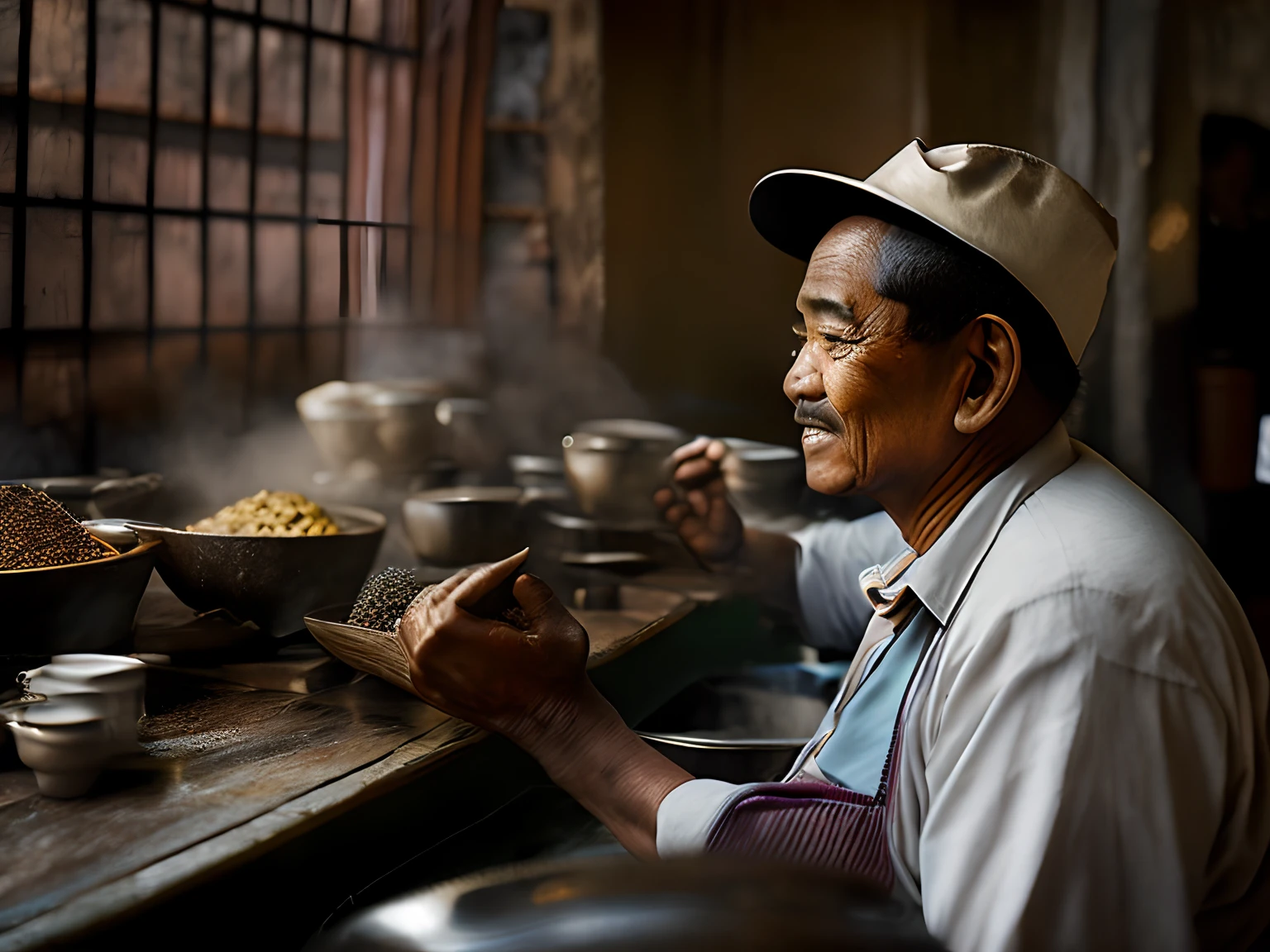 in a indonesia coffee shop an old indonesian barista roasting coffee beans, on daylight
mood photo journalism unposed urban photography, ultra detailed, film photography, cold tone, sharp focus, ultra detailed skin, professional color grading, raw photo, cinematography, vibrant details, ultra quality, (photo-realistic:1.37), masterpiece, Canon EOS 5D Mark IV and fujifilm Superia X - TRA 400 film