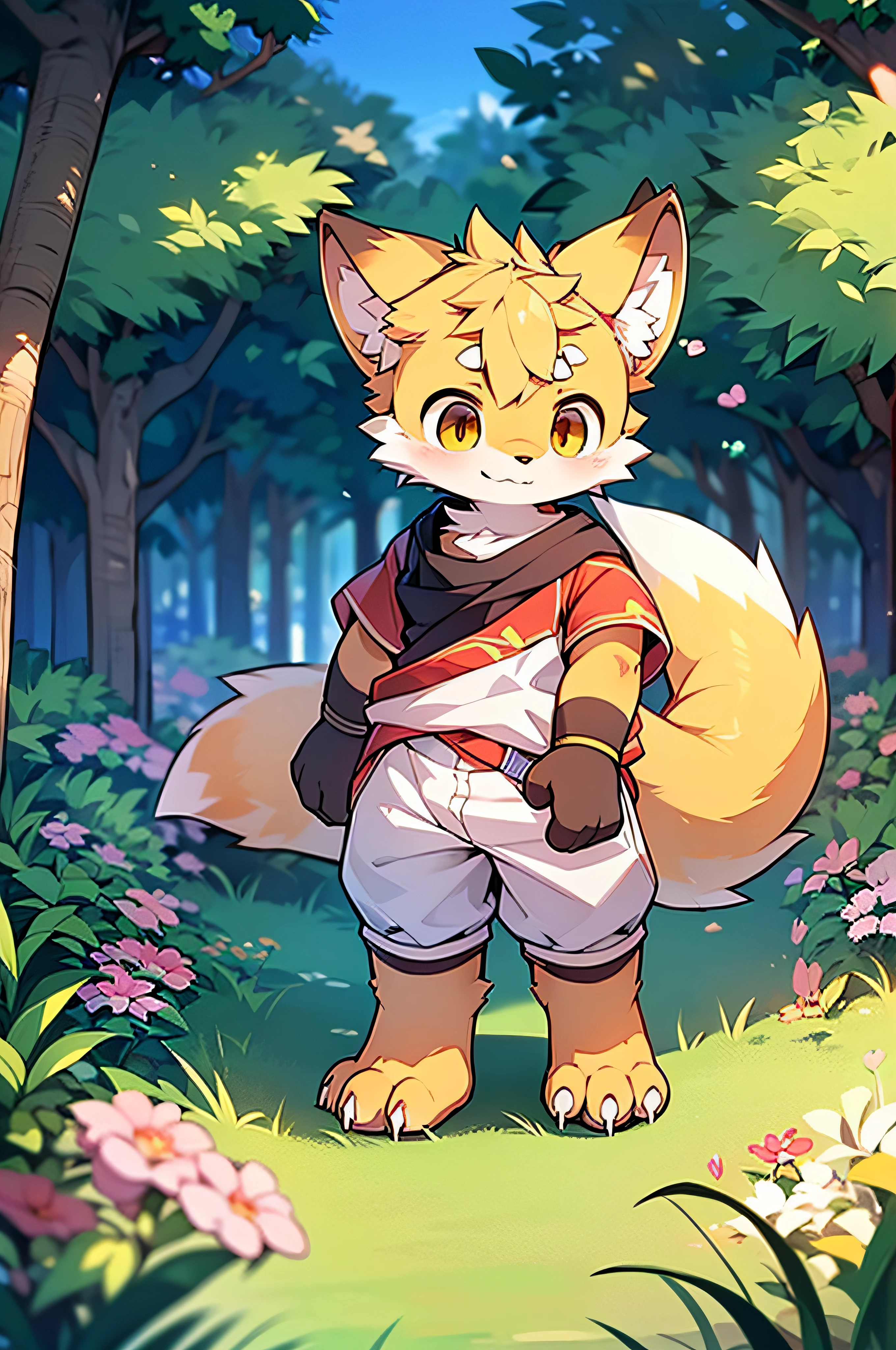 shaggy，shaggy，Bright yellow fur，Bright yellow fur，Bright yellow fur，Bright yellow fur，Bright yellow hair，male people，canid，adolable，The little fox，The little fox，The little fox，adolable，solo person，sharp talons，Detailed fur，Golden eyes，Thick eyebrows，Fluffy tail，red short sleeves，short white pants，ultra - detailed：1.0，Libido boy，toddlers，children，children's，Gamine，Beast too，adolable，adolable，Shota（Via Dagasi：1.1），??????? correct，Barefoot，Red Claw，Bare claws，Barefoot paws，Barefoot paws，standing on your feet，attention，bald-headed，Animal foot paws，lawns，grassy fields，On the lawn，on a grassy field，Tread on the grass，Trampling on small grass，Tread on the grass，Trampling the meadow，Tread on the lawn，Trampling the lawn，bald-headed，balding，balding，Bright yellow paws，Bright yellow paws，Bright yellow paws，Bright yellow paws