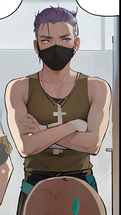 Characters with crosses and masks on their chests, safe to work, Goatee, A mask(You can see the shape of your mouth), Handsome punk who is robbing,obscured face, Oozing sexy, LGBTQ+ , Bandits (Best quality, 4K, High-res, High-density imaging,Raised sexy), Ultra-fine details, (Realistic, photo-realistic:1.37) Digital painting, Vibrant colors, Dynamic lighting, Long-tailed samurai hairstyle(white colors)