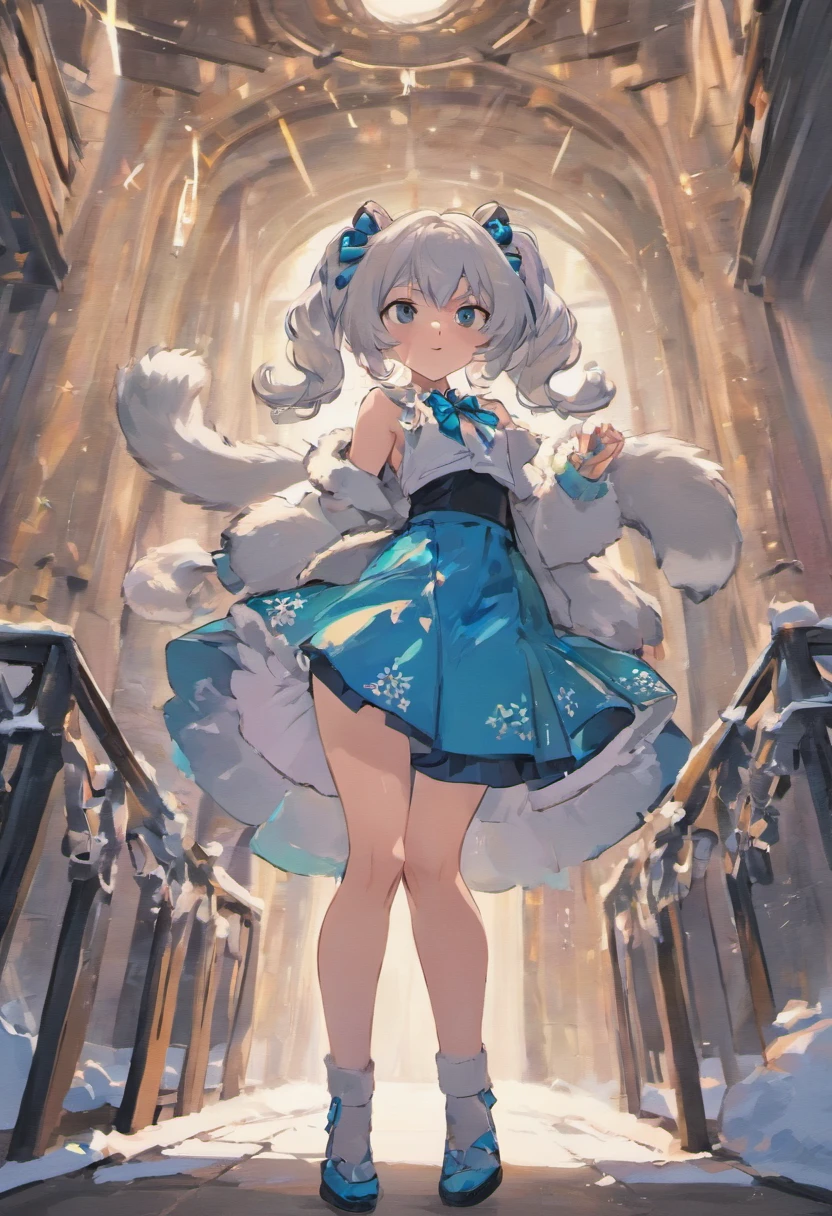 Snow Leopard Girl Green Gemstone Decoration Snow Leopard Tail Black Bow Tie White Hair Cute Black Short Skirt Furry White Leopard Ears Long Hair Double Ponytail Blue Eyes Black Over the Knee Socks Black Leather Shoes White Robe Selling Moe Girl