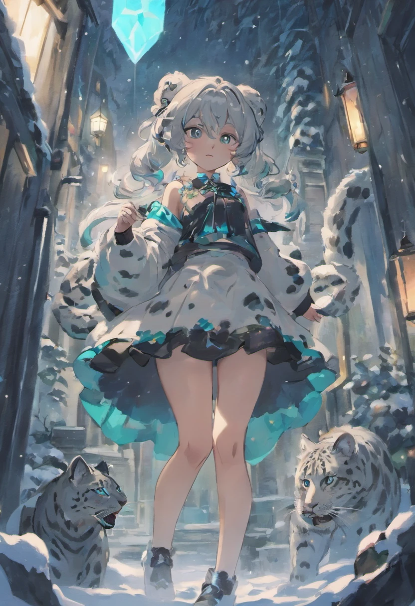 Snow Leopard Girl Green Gemstone Decoration Snow Leopard Tail Black Bow Tie White Hair Cute Black Short Skirt Furry White Leopard Ears Long Hair Double Ponytail Blue Eyes Black Over the Knee Socks Black Leather Shoes White Robe Selling Moe Girl