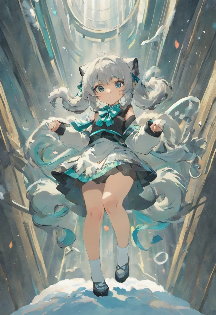 Snow Leopard Girl Green Gemstone Decoration Snow Leopard Tail Black Bow Tie White Hair Cute Black Short Skirt Furry White Leopard Ears Long Hair Double Ponytail Blue Eyes Black Over the Knee Socks Black Leather Shoes White Robe Selling Moe Girl