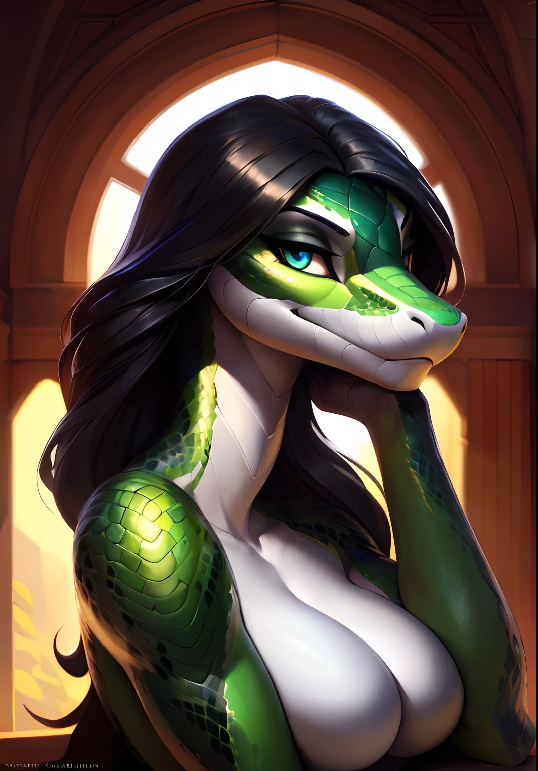 Uploaded on e621, by Pixelsketcher, by Bayard Wu, by Thomas Benjamin Kennington , by Einshelm, solo anthro, ((face portrait)), BREAK, shake hissing, sweet look, (detailed Bonifasko lighting), (detailed scales), (detailed skin), (green snake, green snake, green snake), (extremely long neck), (her own hands holding her own face), BREAK, ((snake hissing)), ((SFW)), ((long thick colorful tail)), ((wavy black hair)), ((facing viewer)), (cinematic lighting), ((detailed background)), ((face portrait view)), (((face view))), (half body shadow), [backlighting], [crepuscular ray], [detailed ambient light], [gray natural lighting], [ambient light], (higher wildlife feral detail), [explict content], [sharp focus], (questionable content), (shaded), ((masterpiece), hissing, her own hands holding her own face, wavy hair, medium scales breasts, breasts, furry colorful snake, snake face, furry Fantasy Art, furry Art, Commission for High Res, anthro Art, Art,Sakimichan beautiful, masterpiece, medium breasts, best quality, detailed image, bright colors, detailed face, perfect lighting, perfect shadows, perfect eyes, girl focus, snake eyes, flawless face, big breasts, extremely long neck, face focus, ((long thick colorful tail)) snake, snake girl, scales, scales woman, snake nose, large long muzzle, wavy black hair, colorful scales, gaze at the viewer, half-closed eyes, 1girl, solo, (masterpiece), (best quality), (illustration), (cinematic lighting), long hair, detailed scales, balanced coloring, global illumination, ray tracing, good lighting, scales, anthro, showing breasts, cleavage, looking at viewer, seductive look, SFW