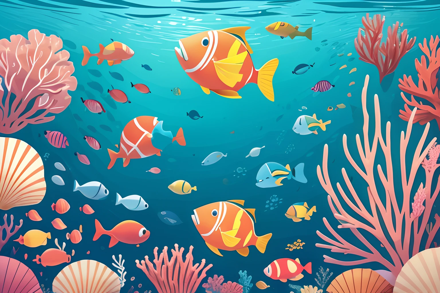 simple, vector, 4k, cheerful, flat background, illustration, under water, sea, kids background, colorful, reef, flat color, flat background, shell