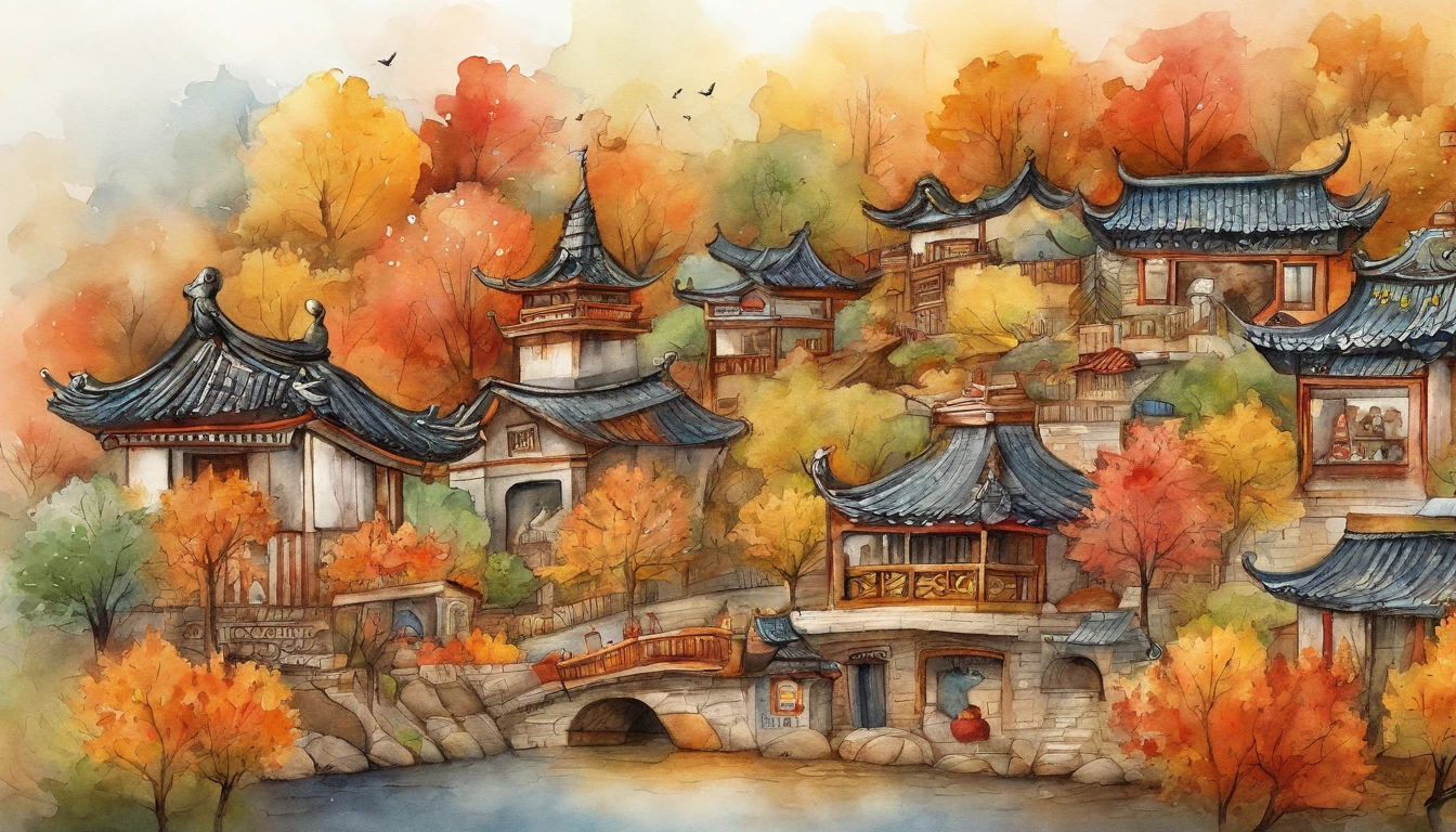 Illustration of a city with many colorful foliage, Korea, Seoul, In the style of a vivid cartoonist, fall, pumpkins, Jack O's lantern, Pumpkin spice, New York School, Robert Monsch, Concept street art, Movie stills 50d, naturalistic depiction of flora and fauna, Playful cartoons