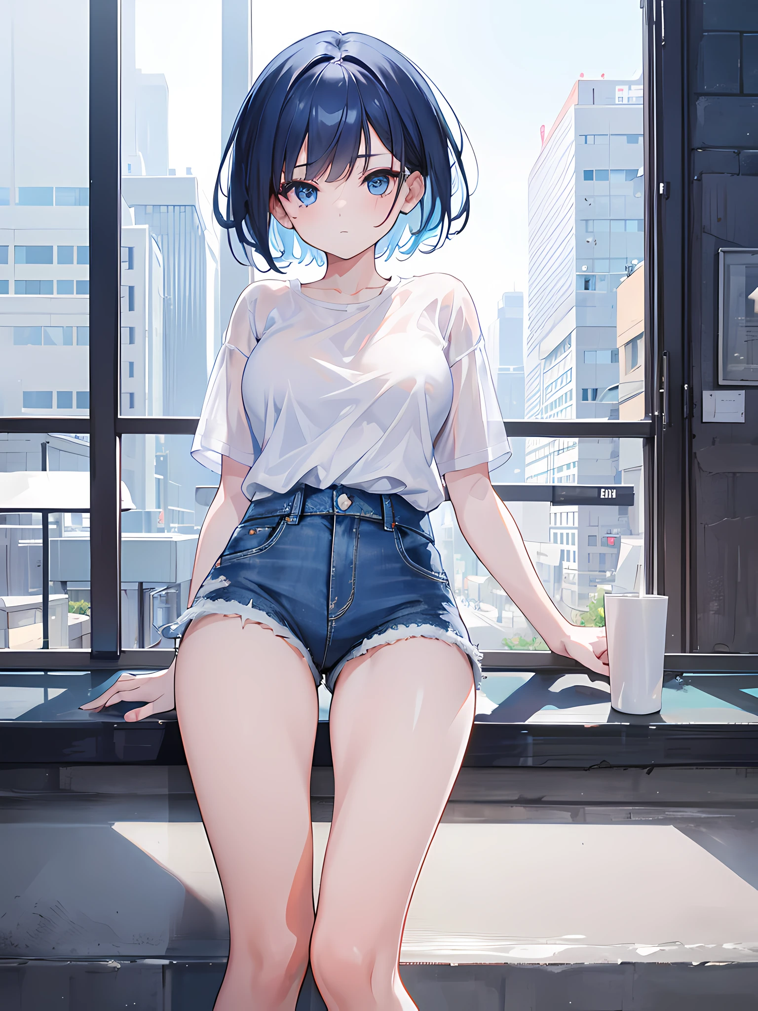 1girl, short black hair, blue eyes, wearing plain white shirt, denim shorts, city, absurdres, high res, ultrasharp, 8K, masterpiece, looking at viewer