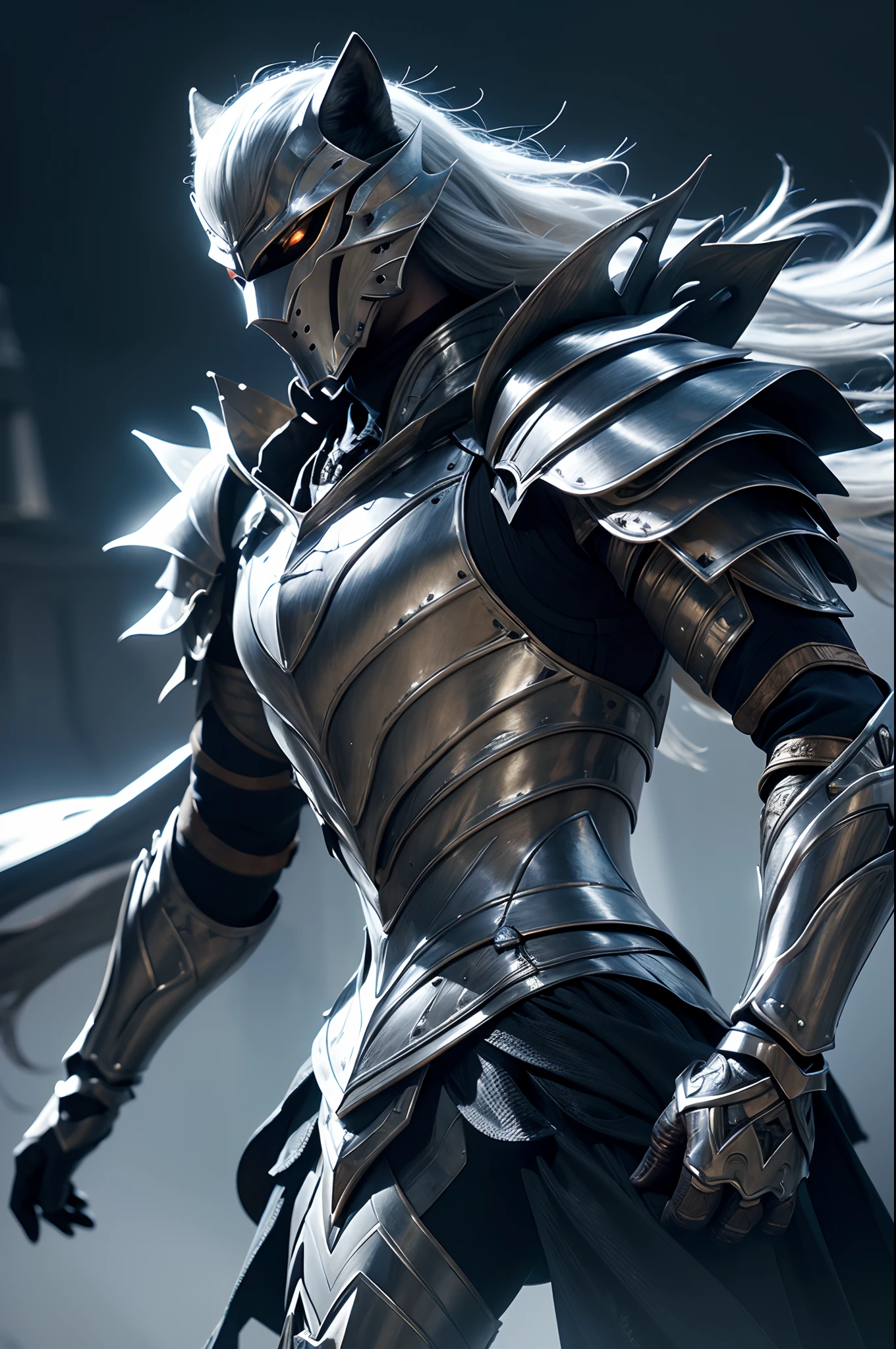 Wolf Knight, Fine Armor, intricatedesign, Silver, Silk, Cinematic lighting, 4K, Floating hair, Sharp
