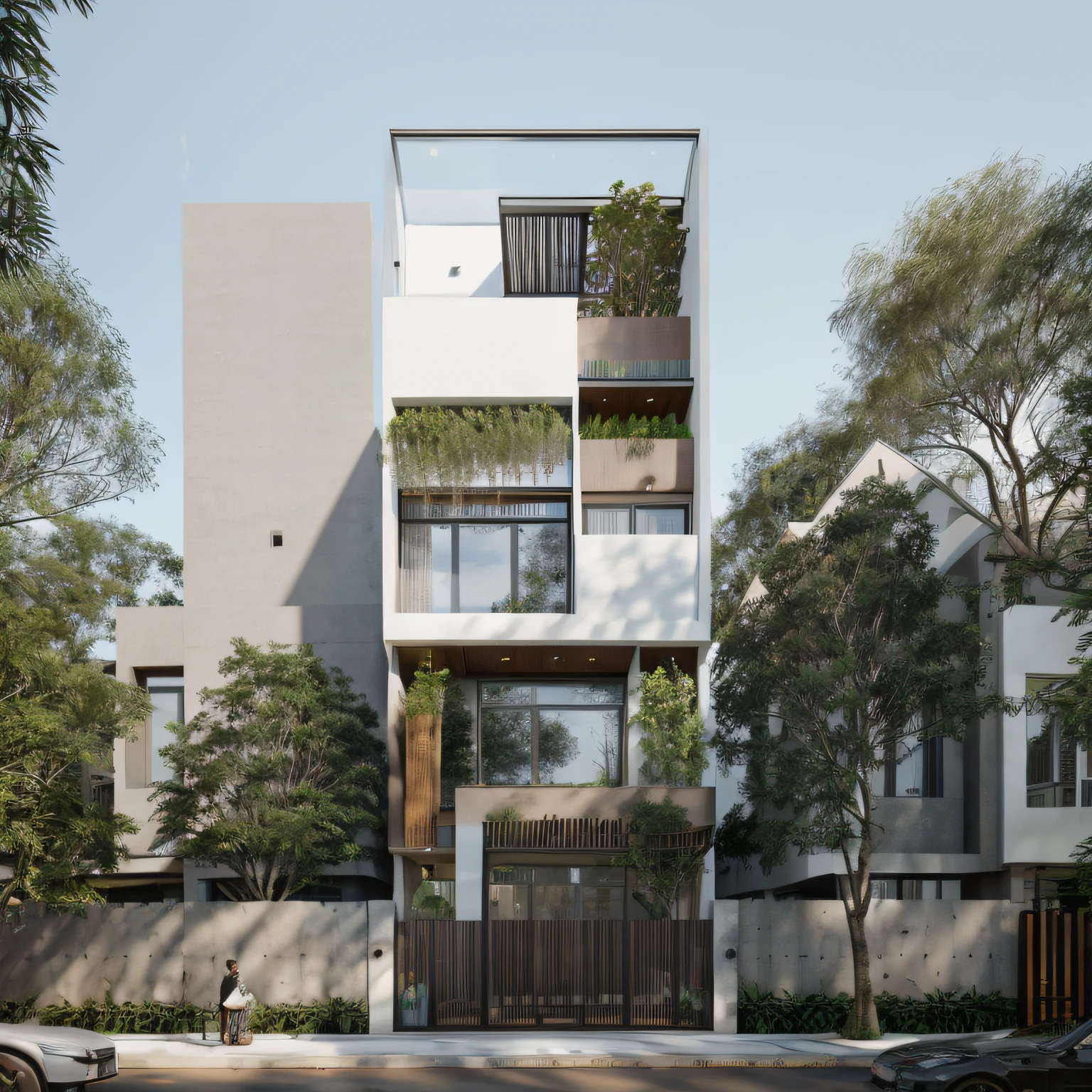 Townhouse in city, (sharp focus) front view of townhouse in style of modern, Vietnamese architecture, east asian architecture, town, blue sky, daylight, warm light, warm atmosphere, high Resolution, 8k, hdr, vray render, hyper realistic, ultra detail, hyper detailed, exterior design  professional photography, exterior photography, wide-angle shot, real world location, road sign, cityscape, pavement, (brown wooden ceilings, ceiling light, glass bancony, the front wall of the ground floor is made by black granite), (bancony have many trees, plans, ivy, palm)