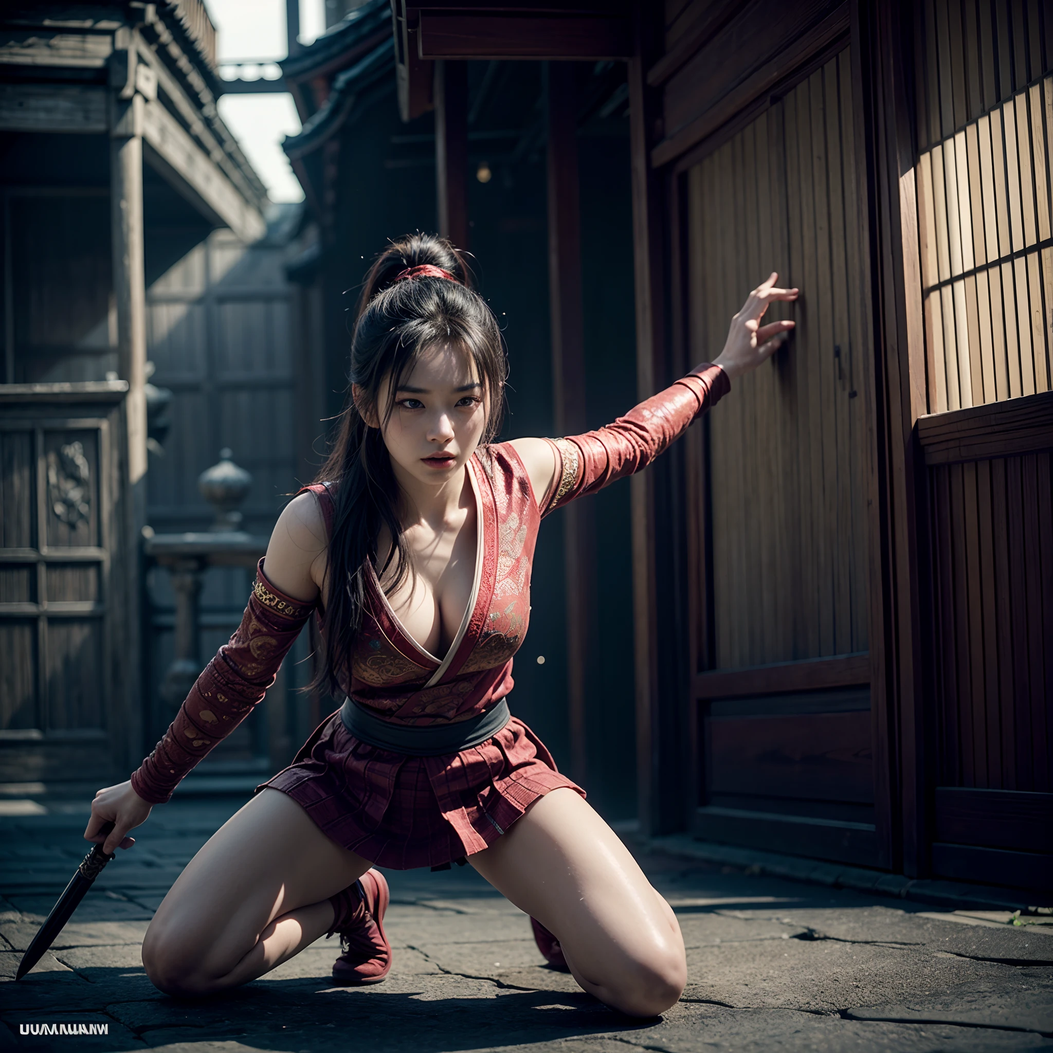 an ultra realistic wide angle epic full body battle shot of Mulan, intricate details, wearing a highly ultra realistic intricate detailed stunning red Samurai costume, ultra detailed sword, smooth edges and curves, surrounded by warriors, war battleground, dark, gothic, Old Japanese architecture palace buildings, photorealistic, cinematic, centered, wet ground, symmetrical volumetric lighting, ambient occlusion, unreal engine, photographed by Akira Kurosawa, inspired by Ran movie, bokeh, particuls, ultra detail