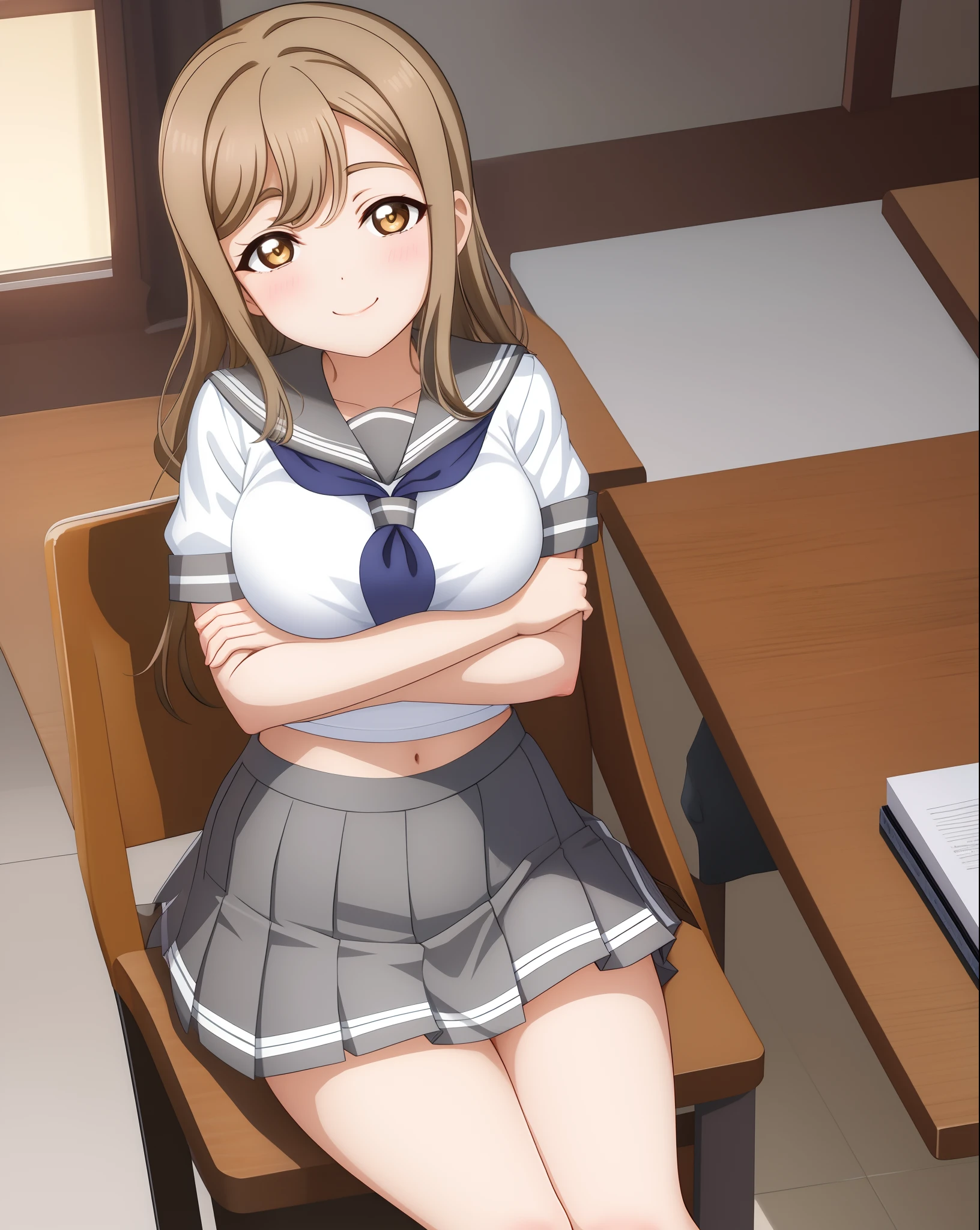 masterpiece, best quality, (kunikida hanamaru:0.999), (grey skirt:0.981), (school uniform:0.981), (skirt:0.961), (uranohoshi school uniform:0.959), (serafuku:0.942), (smile:0.935), (pleated skirt:0.918), (long hair:0.888), (breasts:0.878), (brown hair:0.875), (sailor collar:0.755), (neckerchief:0.749), (looking at viewer:0.699), (large breasts:1.0), (tie clip:0.618), (yellow neckerchief:0.617), (blush:0.605), (grey sailor collar:0.530), llchar, (Skin tight:1.2), School, class, Midriff, (Breast squeeze:1.1), Crossed arms, Blush, Sitting on desk, Closed mouth, Braless,no bra, midriff