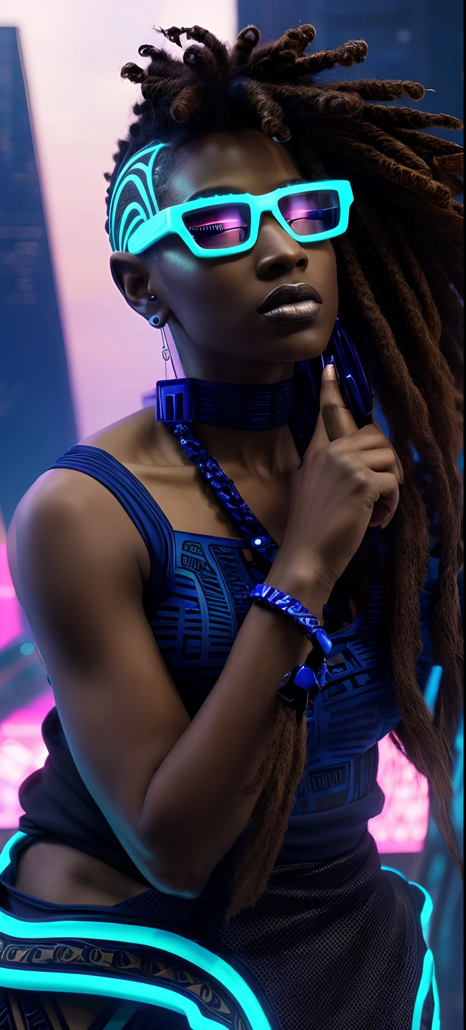 Afrofuturism, a light skin woman wearing a dark blue ((afrofuturistic tribal clothes)), dreadlocks top hair, cyber punk City in background, ultra quality, intricate details, white skin tone, future neon glassess