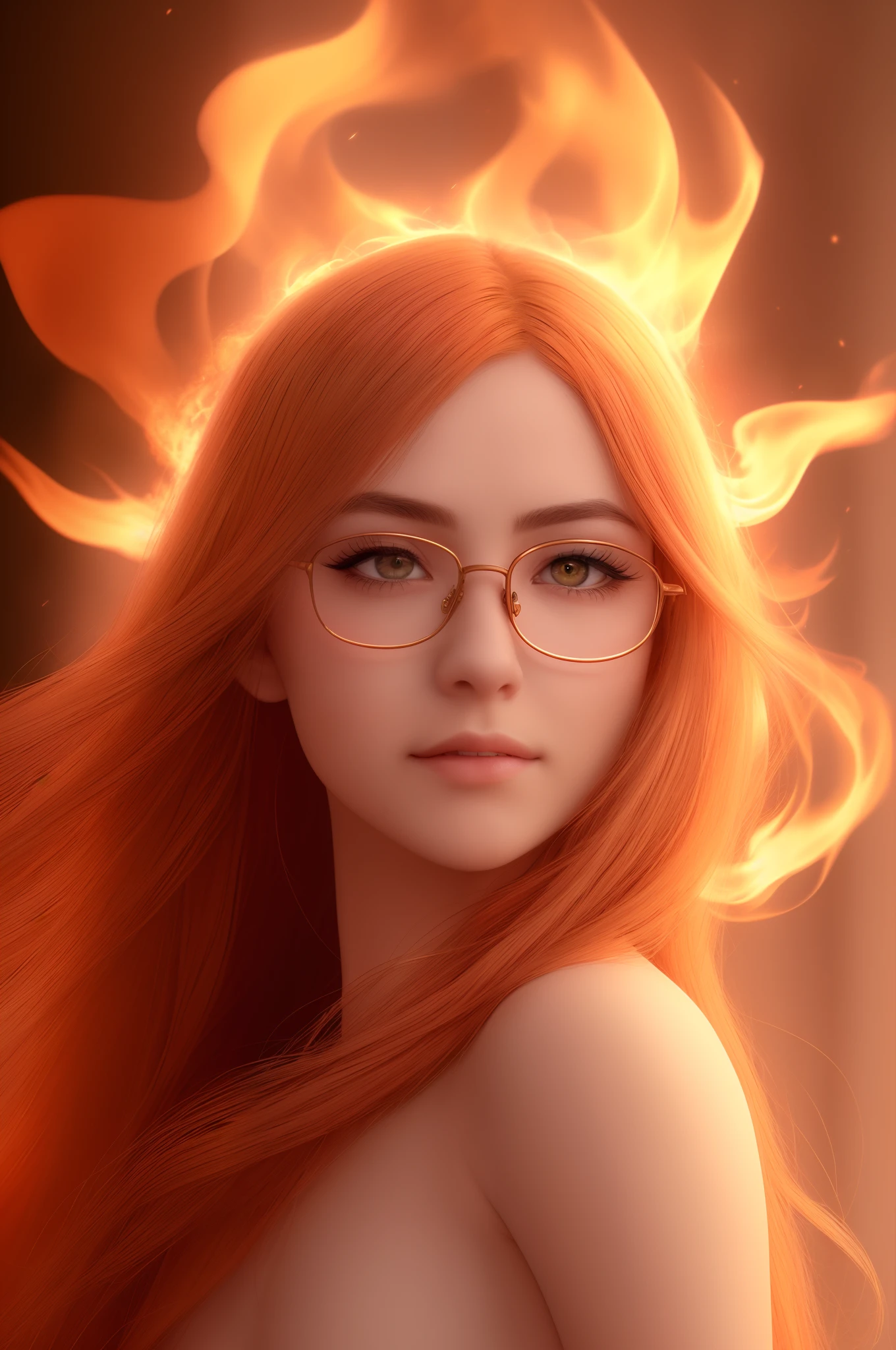 Masterpiece, best quality, hair turned into fire, hair on fire, fantasy, (ray: 1.05), orange light particles, landscape, fire, beautiful and detailed explosion, beautiful detailed glow, flames burning around, flames Burning around, fire plume, burning, (burning forest: 1.34), (bare trees: 1.05), ashes, (red sun: 1.05), (flame around character: 1.1), solo, crazy smile, ( detail: 1.05), high resolution illustration, radiant skin, colorful, (ultrafine: 1.1), (illustration: 1.05), (detail light: 1.05), (extremely delicate and beautiful: 1.1), beautiful detail girl, depth of field , white_long_hair, orange_eyes, eyelashes, dark eyelashes, eyeliner, soft glowing eyes, thin gold-rimmed glasses