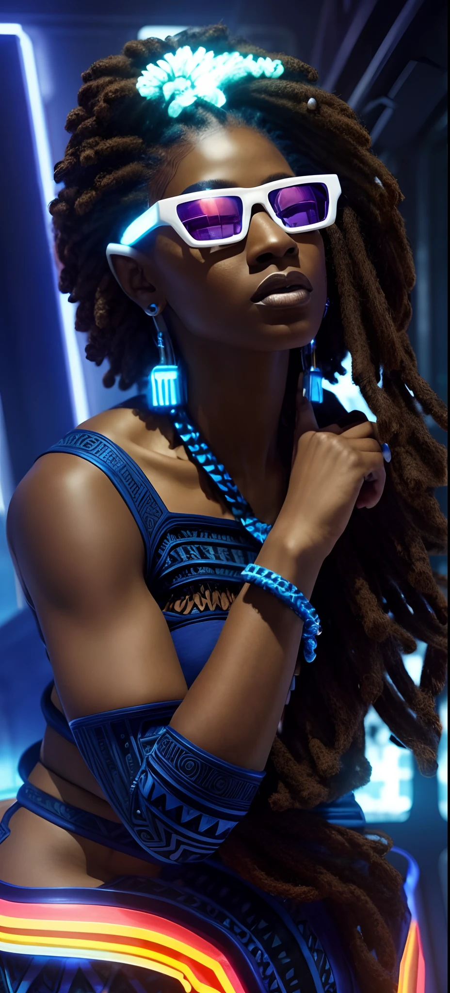 Afrofuturism, a light skin woman wearing a dark blue ((afrofuturistic tribal clothes)), dreadlocks top hair, cyber punk City in background, ultra quality, intricate details, white skin tone, future neon glassess