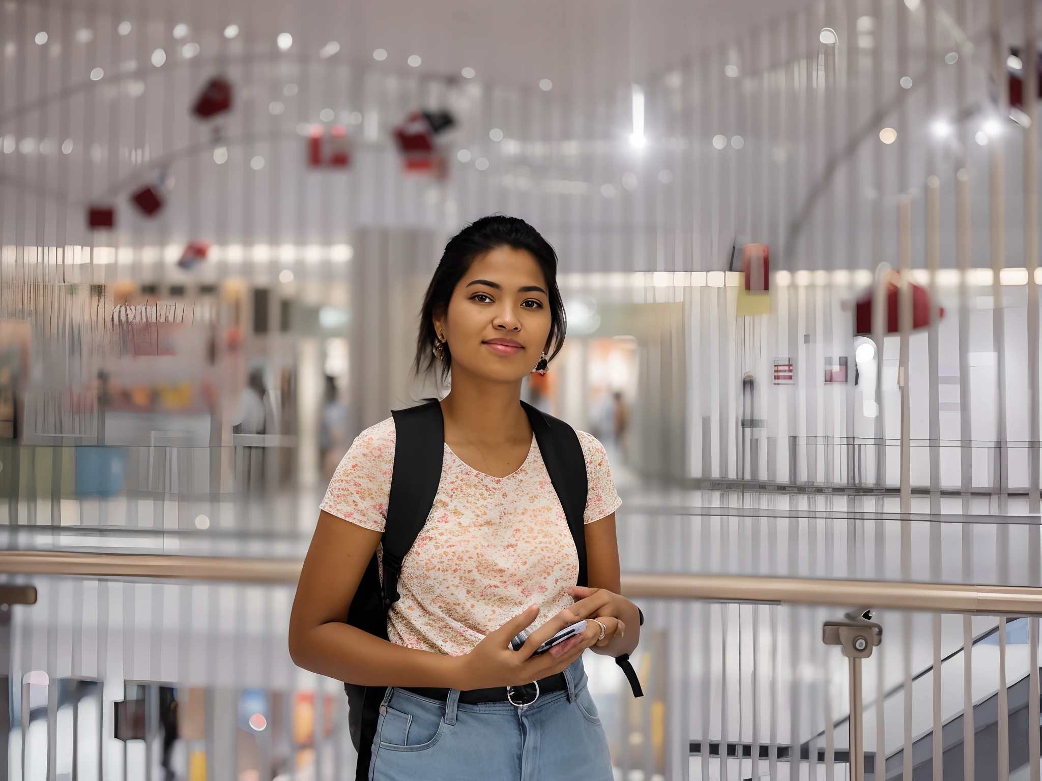 there is a woman standing in a building with a cell phone, student, in a mall, at a mall, taken with sony alpha 9, appearing in a shopping mall, at college, shot on nikon z9, shot with sony alpha 1 camera, candid picture, taken with canon 8 0 d, photo taken with sony a7r camera
