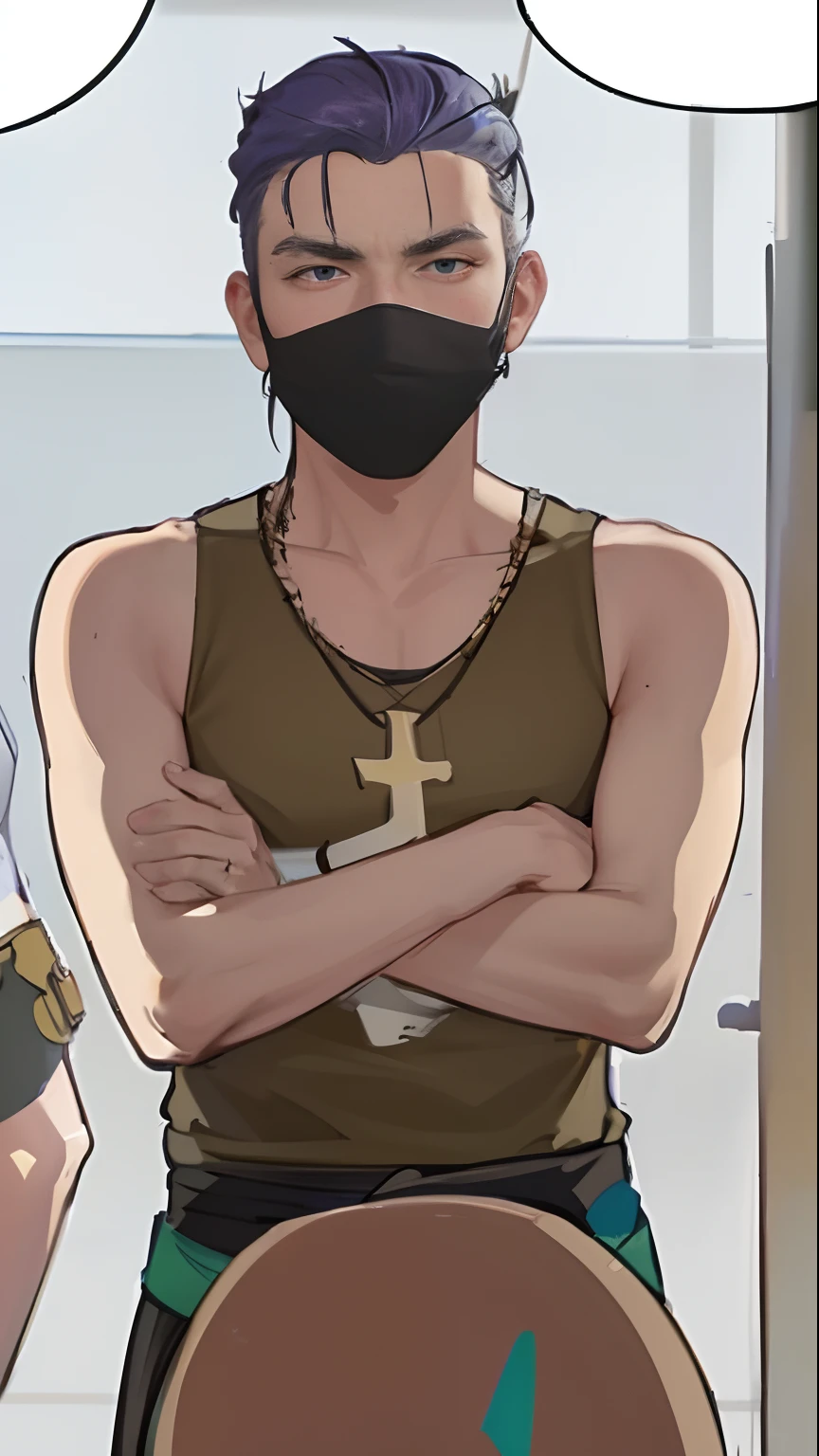 Characters with crosses and masks on their chests, safe to work, Goatee, A mask（You can see the shape of your mouth）, Handsome punk who is robbing，obscured face, Oozing sexy, LGBTQ+ , Bandits (Best quality, 4K, High-res, High-density imaging，Raised sexy), Ultra-fine details, (Realistic, photo-realistic:1.37) Digital painting, Vibrant colors, Dynamic lighting, Long-tailed samurai hairstyle（white colors）